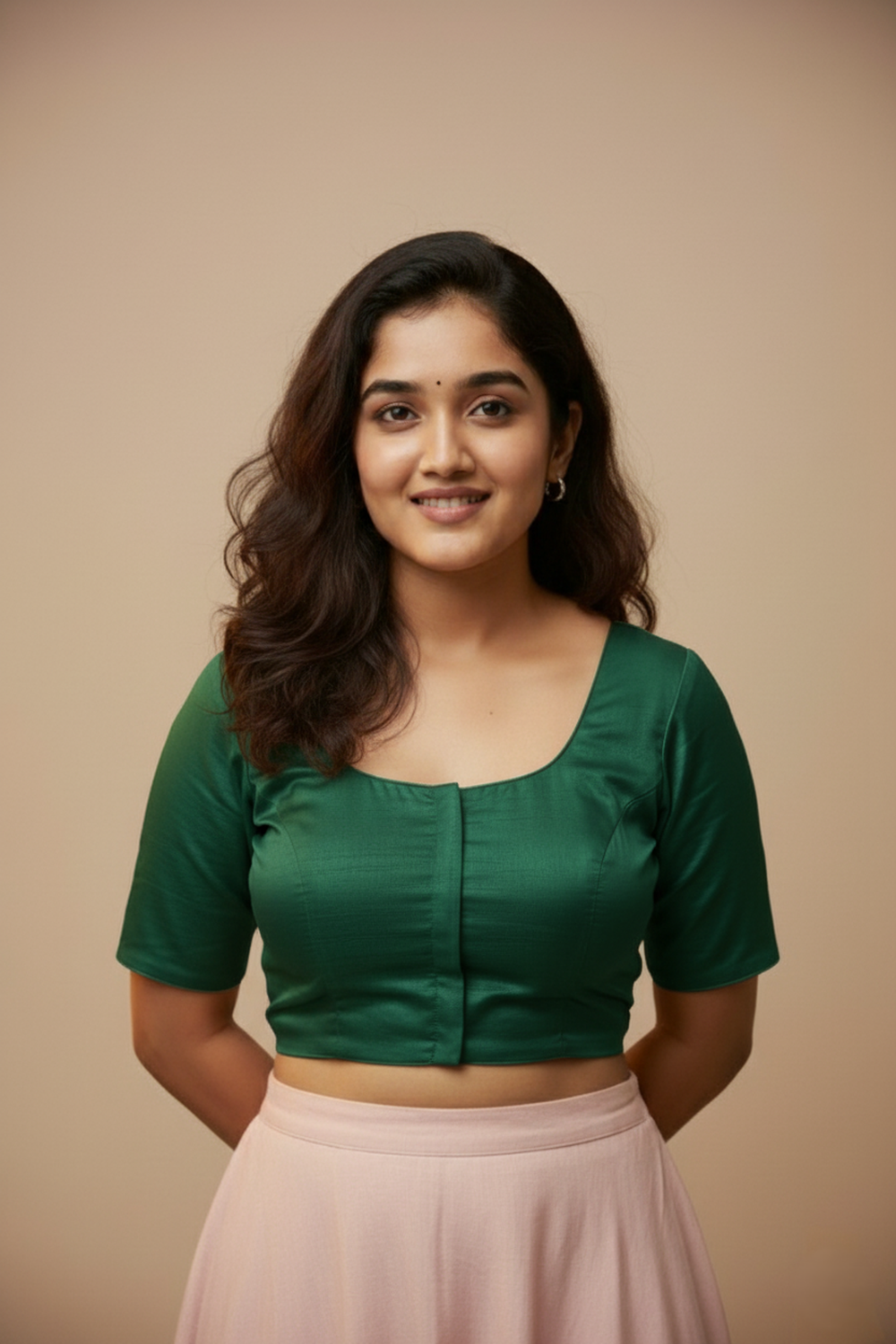 Women's Blouse Raw Silk Padded Front Open Round Neck Princess Cut Elbow Sleeve Saree Blouse with Round Back - Bottle Green - R124