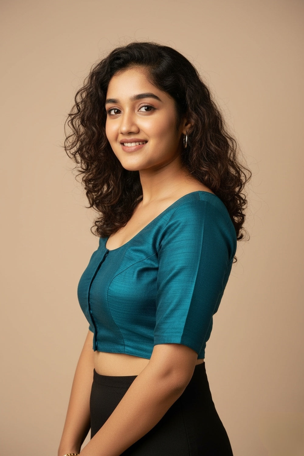 Women's Blouse Raw Silk Padded Front Open Round Neck Princess Cut Elbow Sleeve Saree Blouse with Round Back - Rama Green - R124