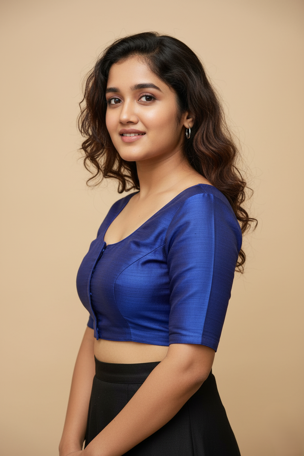 Women's Blouse Raw Silk Padded Front Open Round Neck Princess Cut Elbow Sleeve Saree Blouse with Round Back - Royal Blue - R124