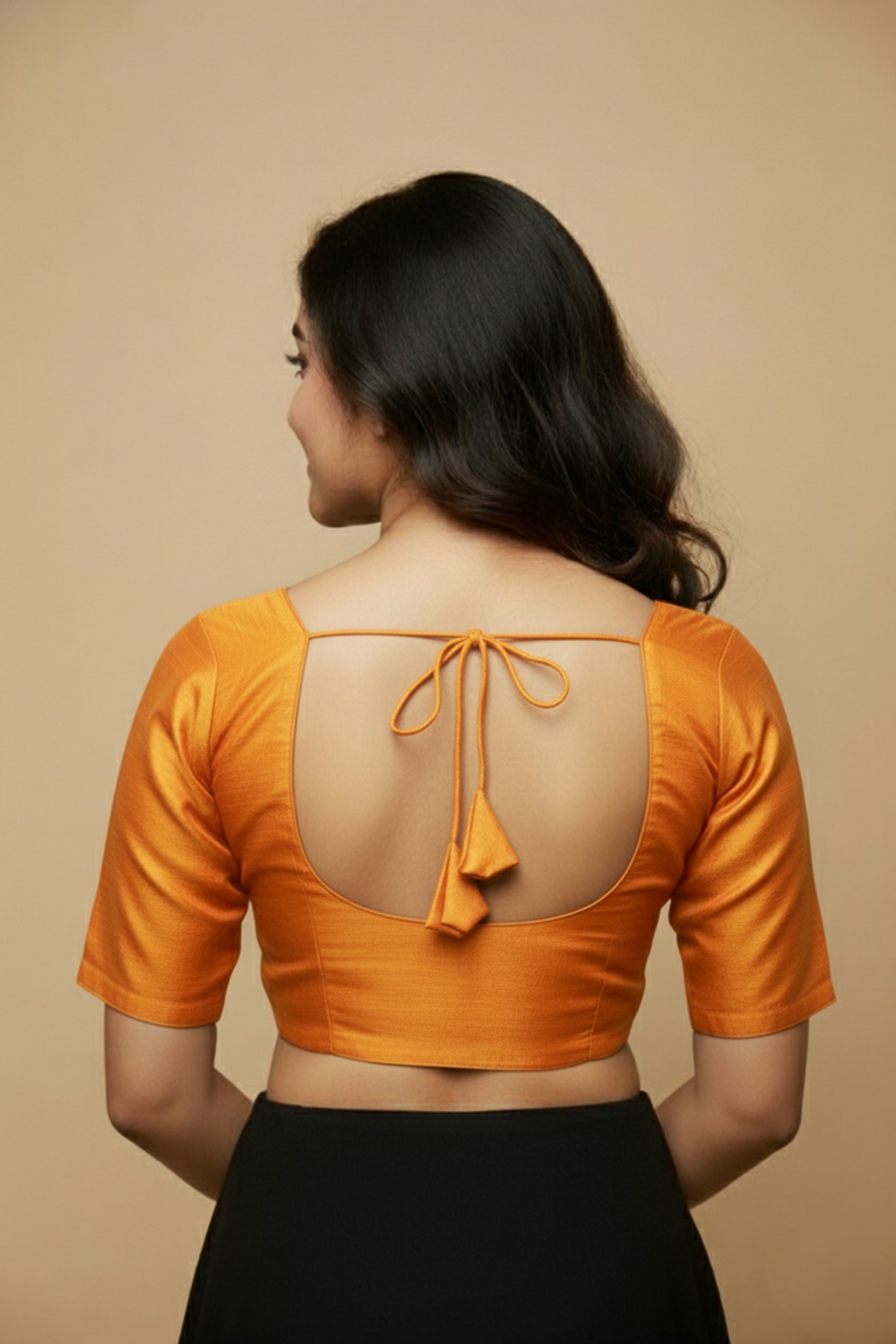 Women's Blouse Raw Silk Padded Front Open Round Neck Princess Cut Elbow Sleeve Saree Blouse with Round Back - Mustard - R124