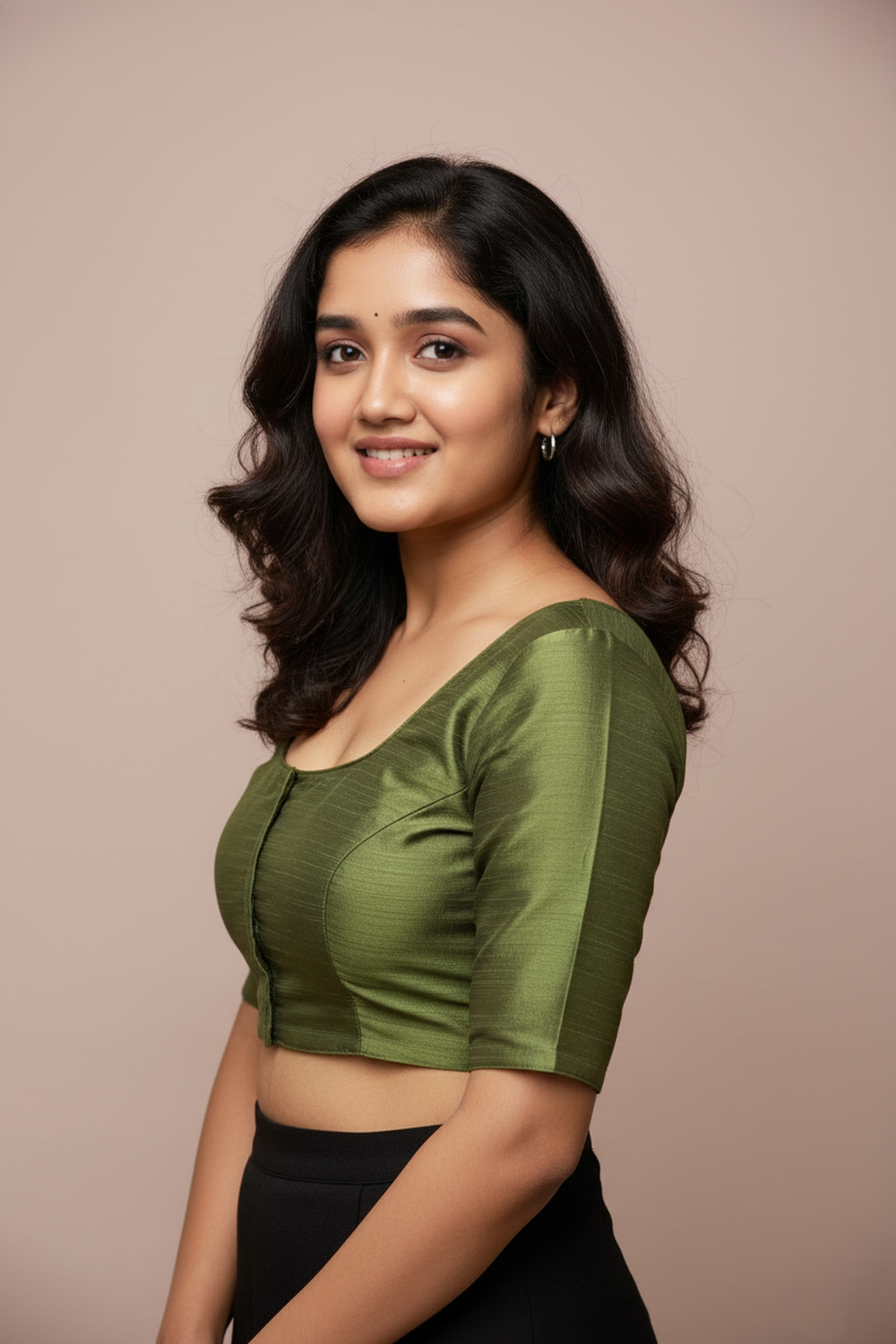 Women's Blouse Raw Silk Padded Front Open Round Neck Princess Cut Elbow Sleeve Saree Blouse with Round Back - Mehandi - R124