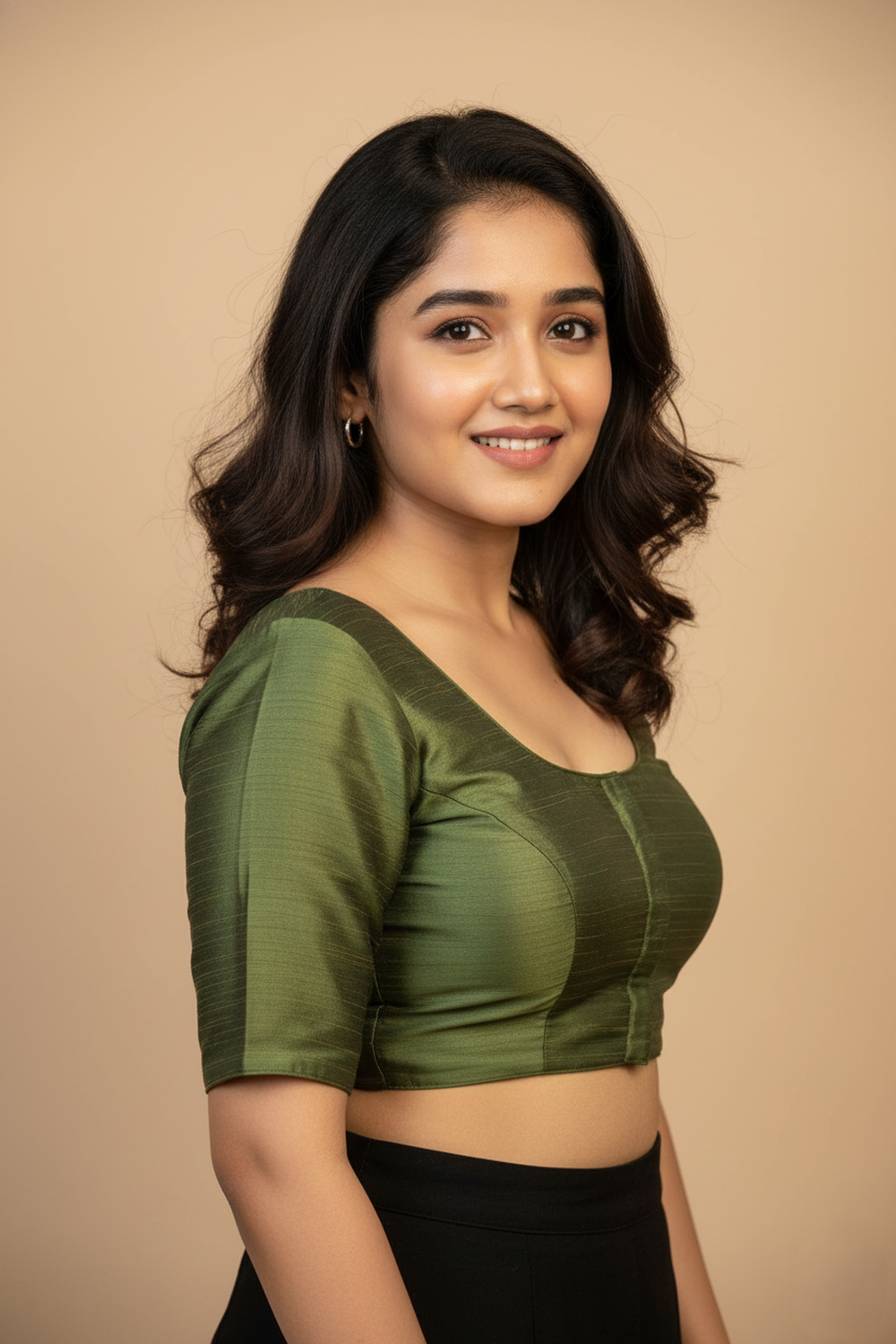 Women's Blouse Raw Silk Padded Front Open Round Neck Princess Cut Elbow Sleeve Saree Blouse with Round Back - Mehandi - R124