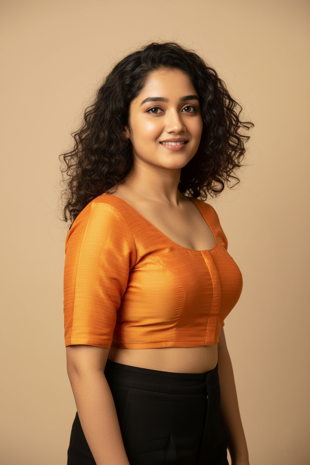 Women's Blouse Raw Silk Padded Front Open Round Neck Princess Cut Elbow Sleeve Saree Blouse with Round Back - Mustard - R124