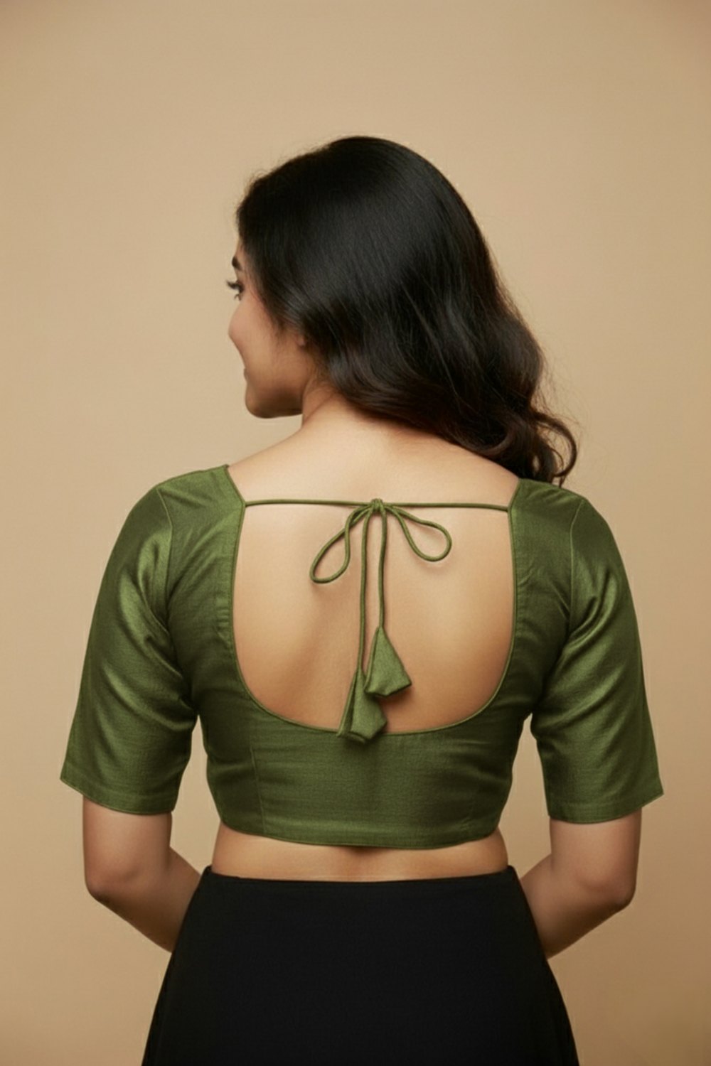 Women's Blouse Raw Silk Padded Front Open Round Neck Princess Cut Elbow Sleeve Saree Blouse with Round Back - Mehandi - R124
