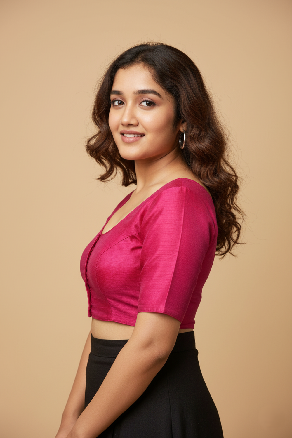 Women’s Blouse Raw Silk Padded Front Open Round Neck Princess Cut Elbow Sleeve Saree Blouse with Round Back - Maroon - R124