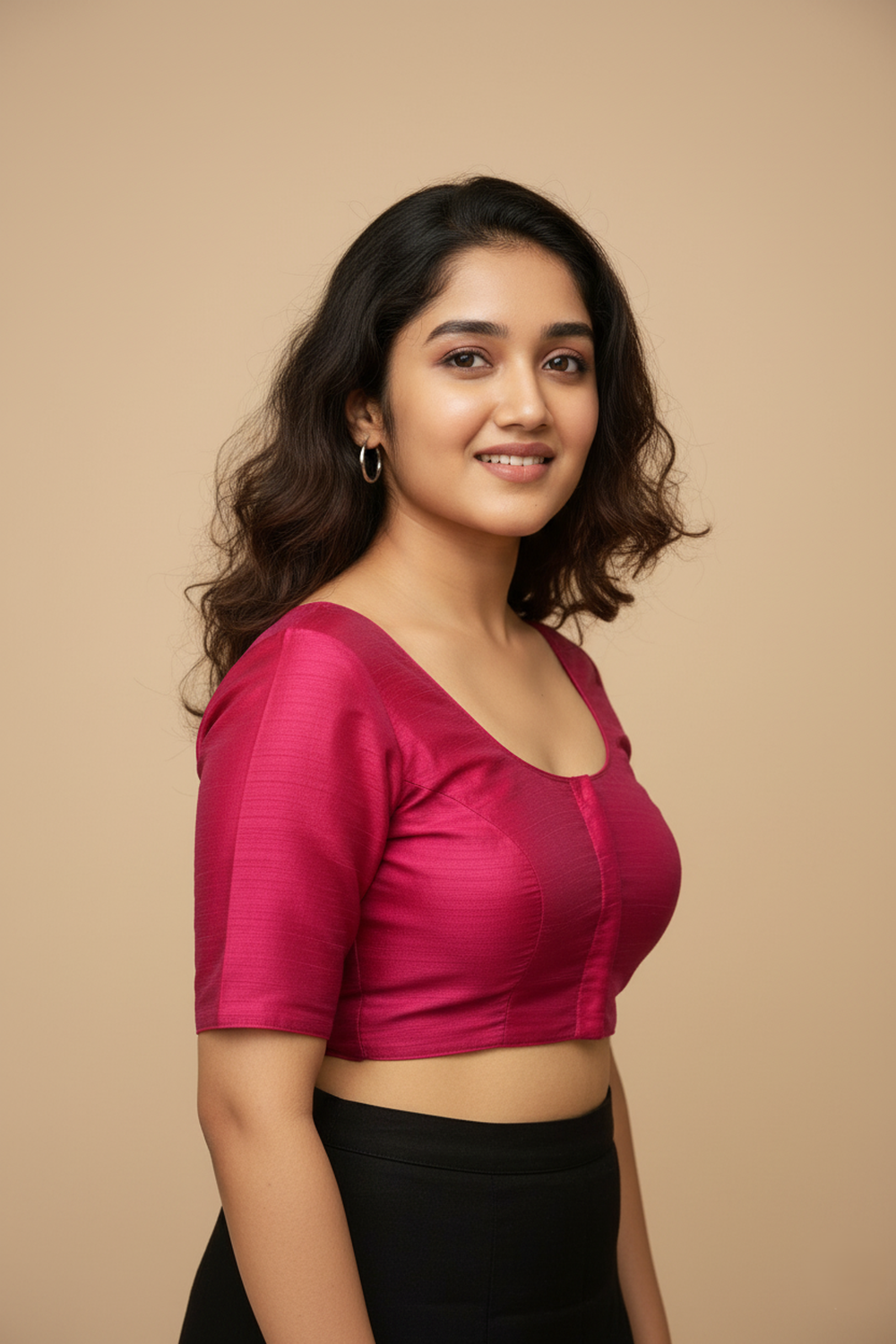 Women’s Blouse Raw Silk Padded Front Open Round Neck Princess Cut Elbow Sleeve Saree Blouse with Round Back - Maroon - R124