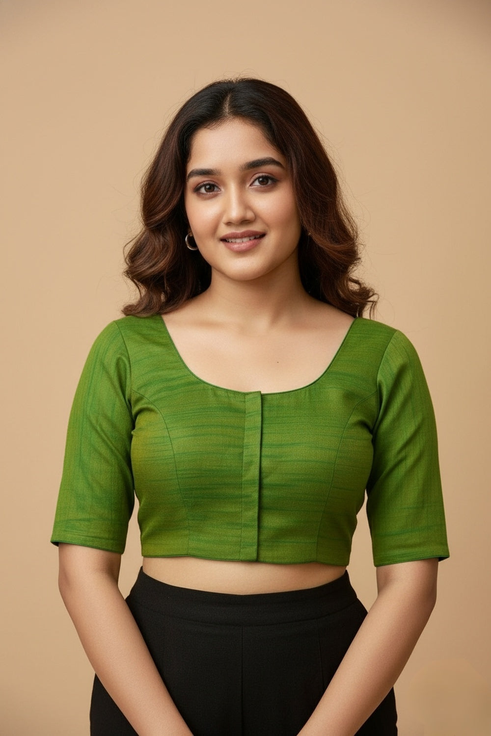 Women's Blouse Raw Silk Padded Front Open Round Neck Princess Cut Elbow Sleeve Saree Blouse with Round Back - Green - R124