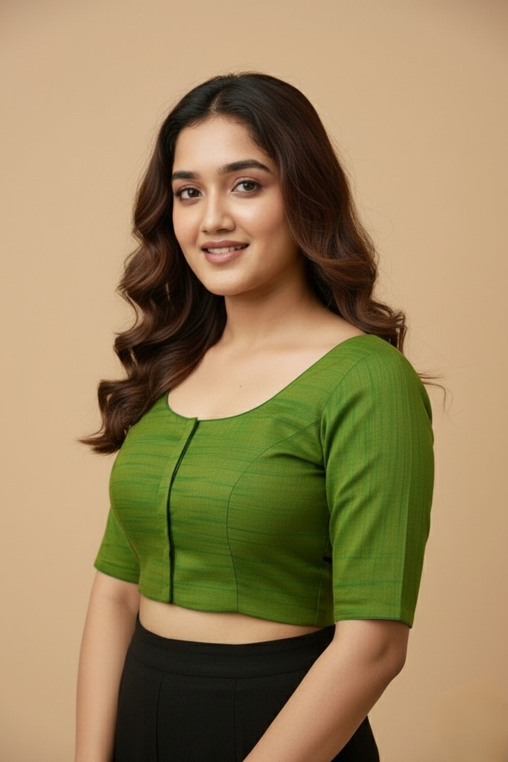 Women's Blouse Raw Silk Padded Front Open Round Neck Princess Cut Elbow Sleeve Saree Blouse with Round Back - Green - R124