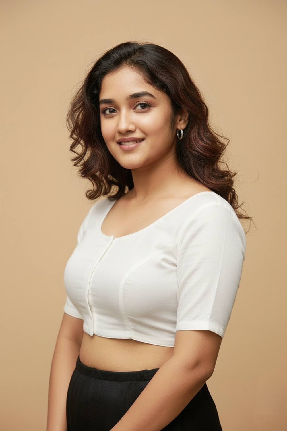 Women's Blouse Raw Silk Padded Front Open Round Neck Princess Cut Elbow Sleeve Saree Blouse with Round Back - Off White - R124