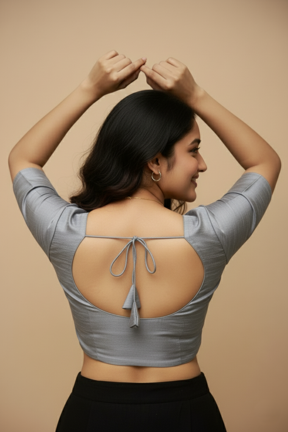 Women's Blouse Raw Silk Padded Front Open Round Neck Princess Cut Elbow Sleeve Saree Blouse with Round Back - Grey - R124