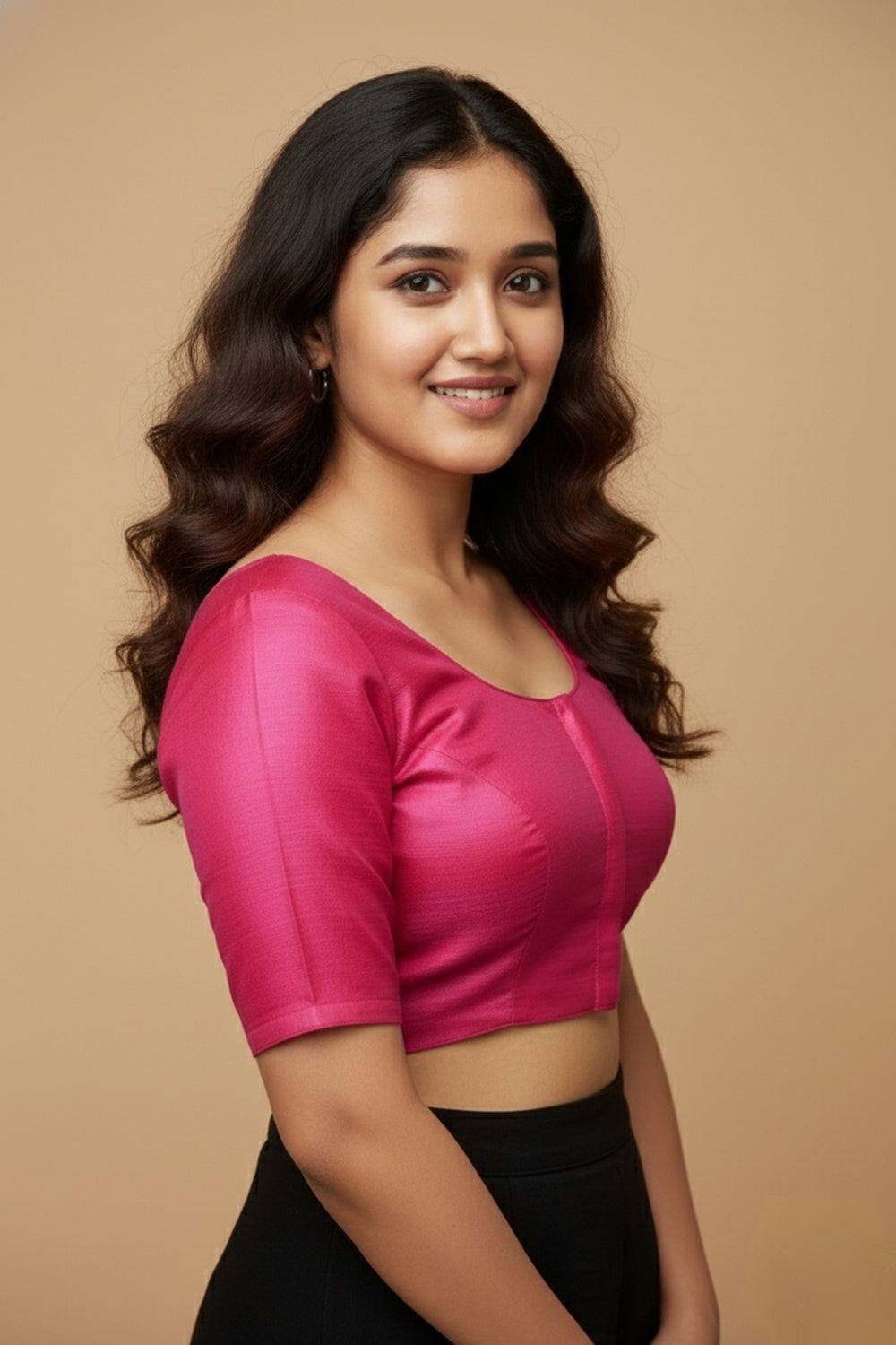 Women's Blouse Raw Silk Padded Front Open Round Neck Princess Cut Elbow Sleeve Saree Blouse with Round Back - Rani - R124