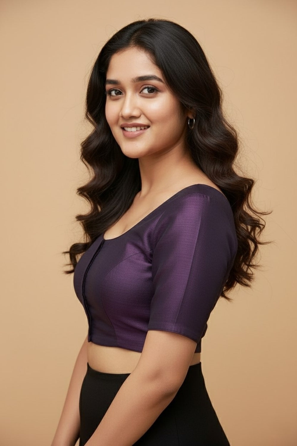 Women's Blouse Raw Silk Padded Front Open Round Neck Princess Cut Elbow Sleeve Saree Blouse with Round Back - Wine - R124