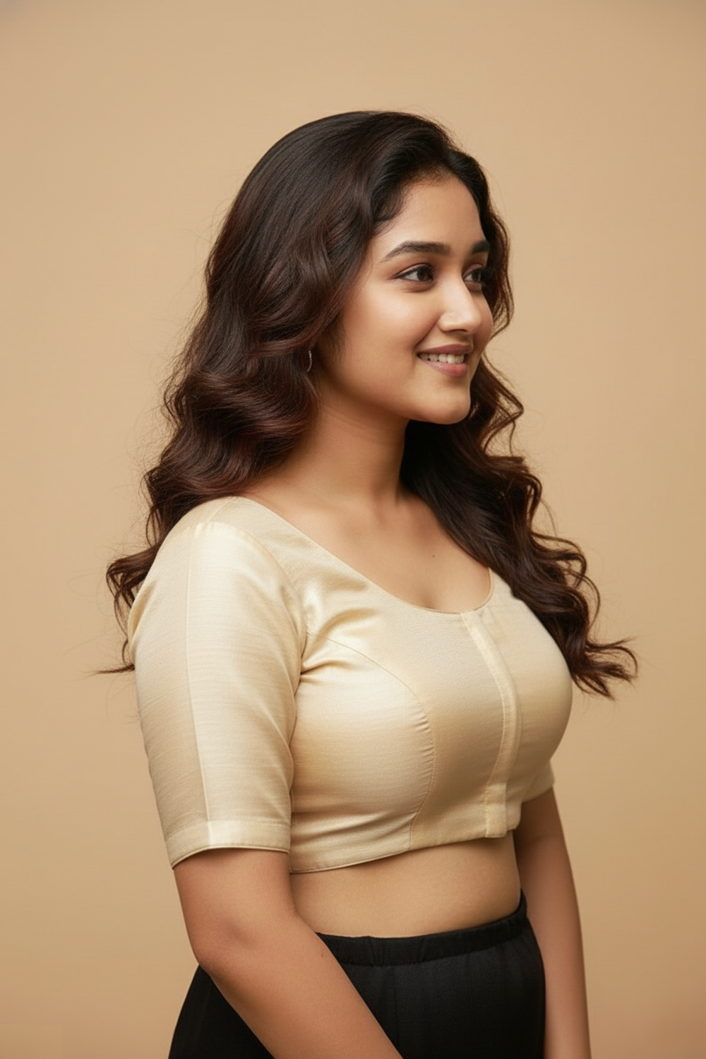 Women's Blouse Raw Silk Padded Front Open Round Neck Princess Cut Elbow Sleeve Saree Blouse with Round Back - Cream - R124