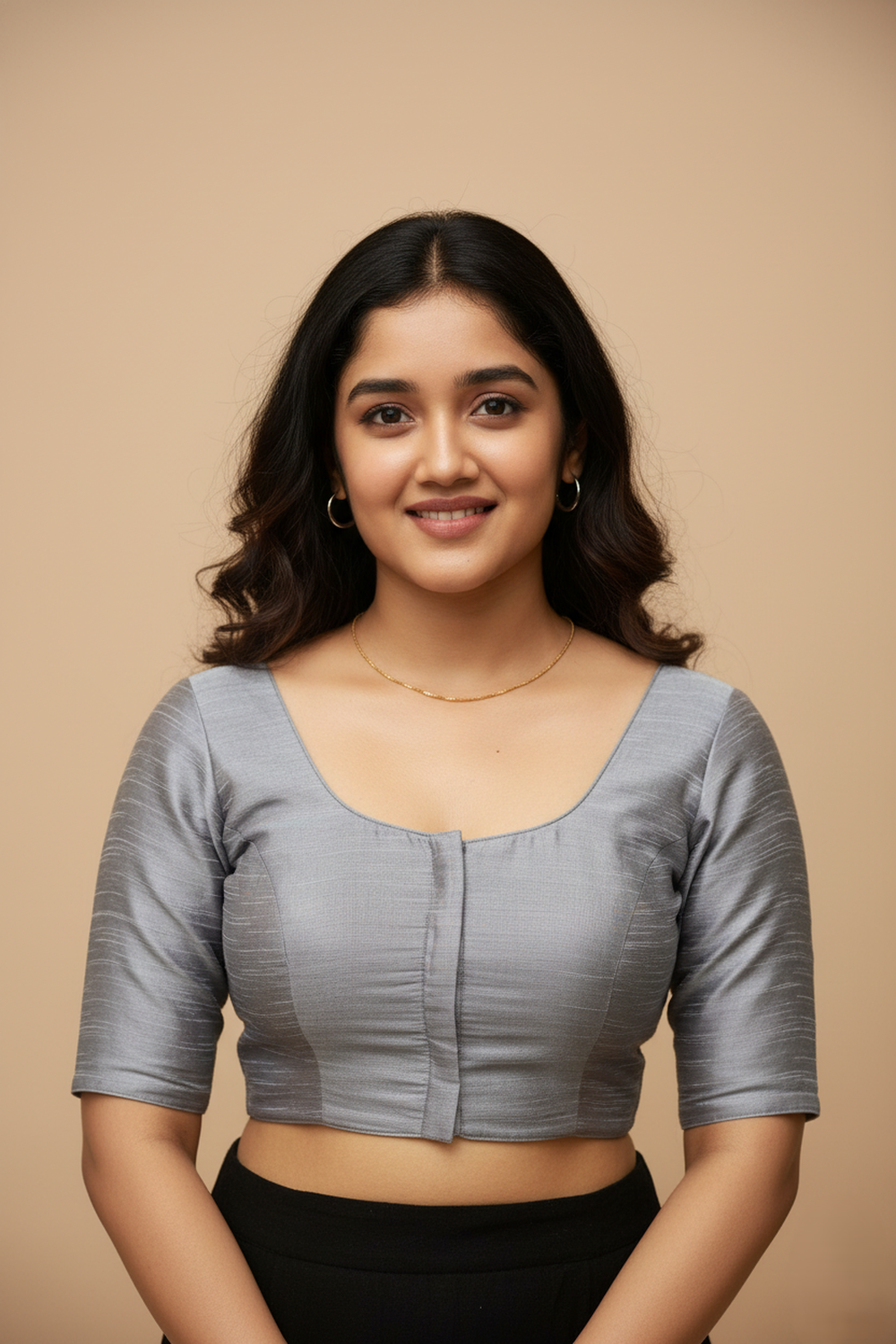 Women's Blouse Raw Silk Padded Front Open Round Neck Princess Cut Elbow Sleeve Saree Blouse with Round Back - Grey - R124