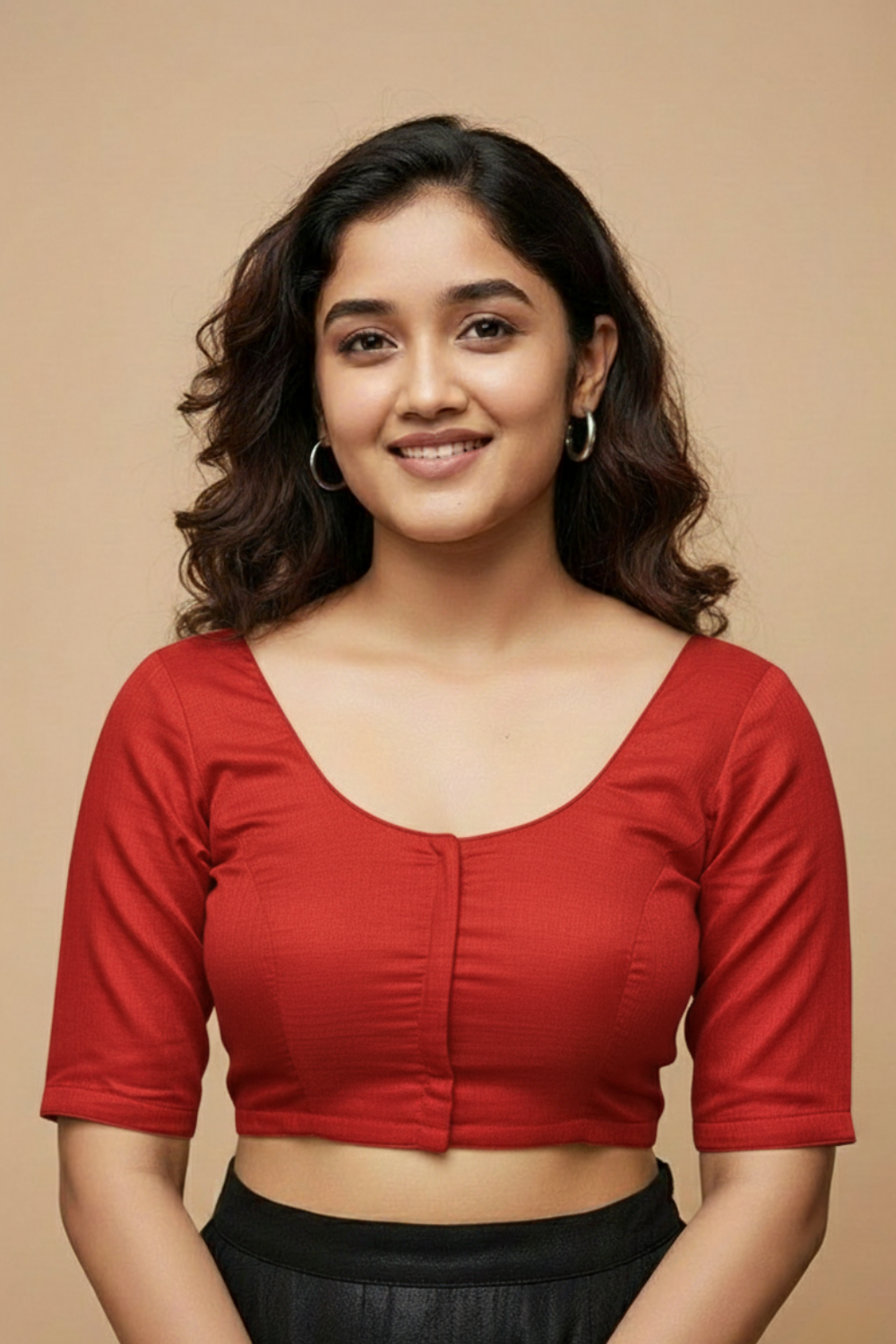 Women’s Blouse Raw Silk Padded Front Open Round Neck Princess Cut Elbow Sleeve Saree Blouse with Round Back - Red - R124