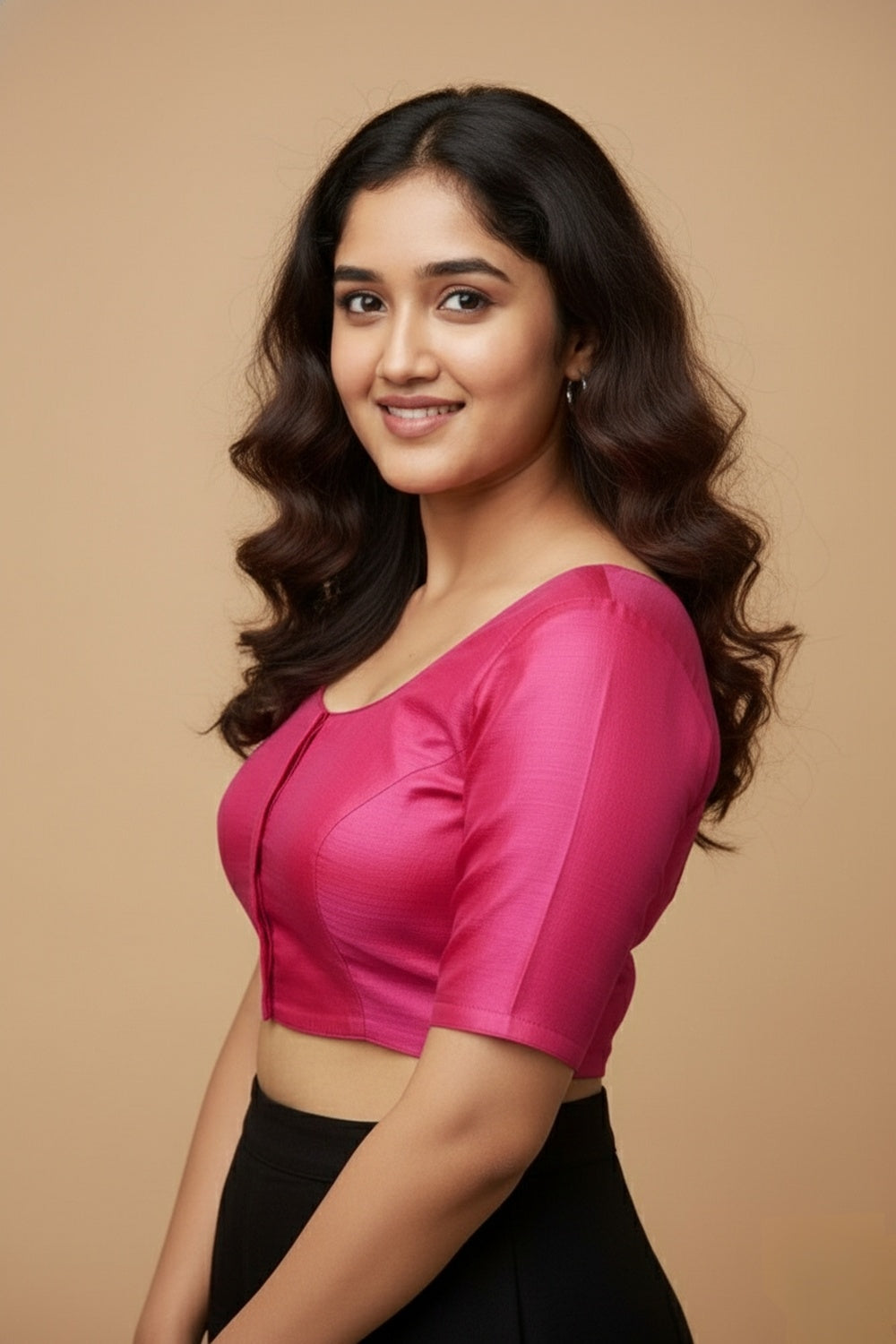 Women's Blouse Raw Silk Padded Front Open Round Neck Princess Cut Elbow Sleeve Saree Blouse with Round Back - Rani - R124