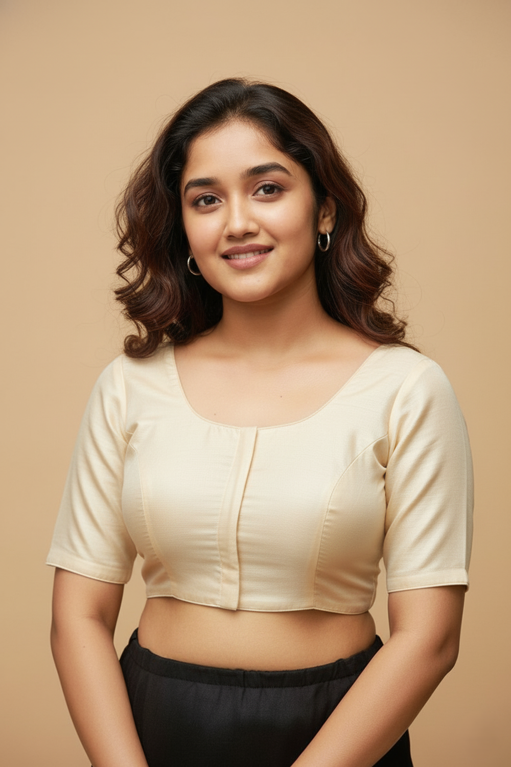 Women's Blouse Raw Silk Padded Front Open Round Neck Princess Cut Elbow Sleeve Saree Blouse with Round Back - Cream - R124