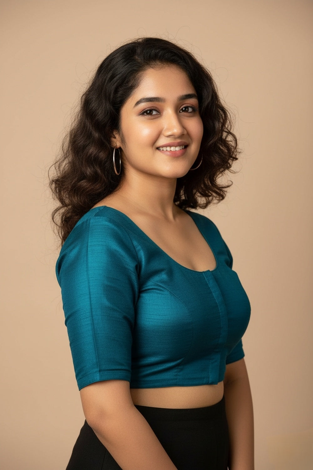 Women's Blouse Raw Silk Padded Front Open Round Neck Princess Cut Elbow Sleeve Saree Blouse with Round Back - Rama Green - R124