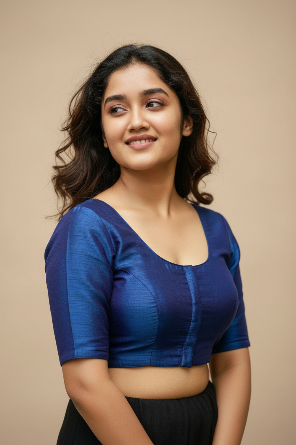 Women's Blouse Raw Silk Padded Front Open Round Neck Princess Cut Elbow Sleeve Saree Blouse with Round Back - Rama Blue - R124