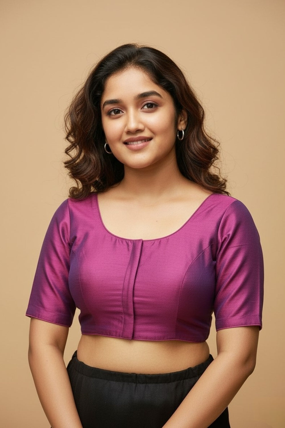 Women's Blouse Raw Silk Padded Front Open Round Neck Princess Cut Elbow Sleeve Saree Blouse with Round Back - Dark Pink - R124