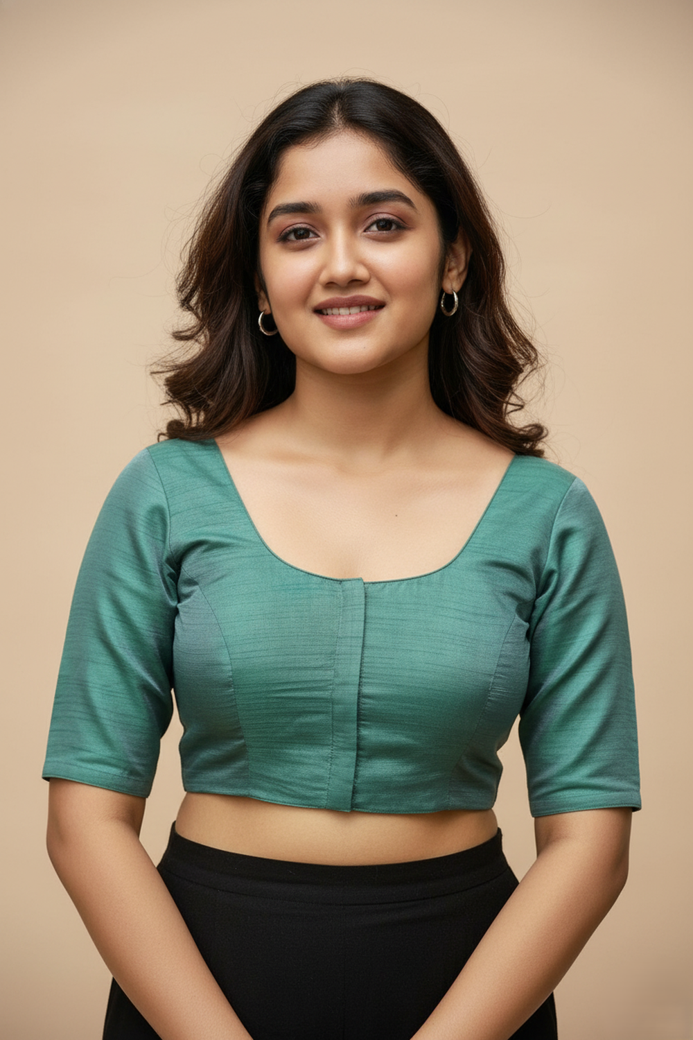 Women's Blouse Raw Silk Padded Front Open Round Neck Princess Cut Elbow Sleeve Saree Blouse with Round Back - Pista - R124