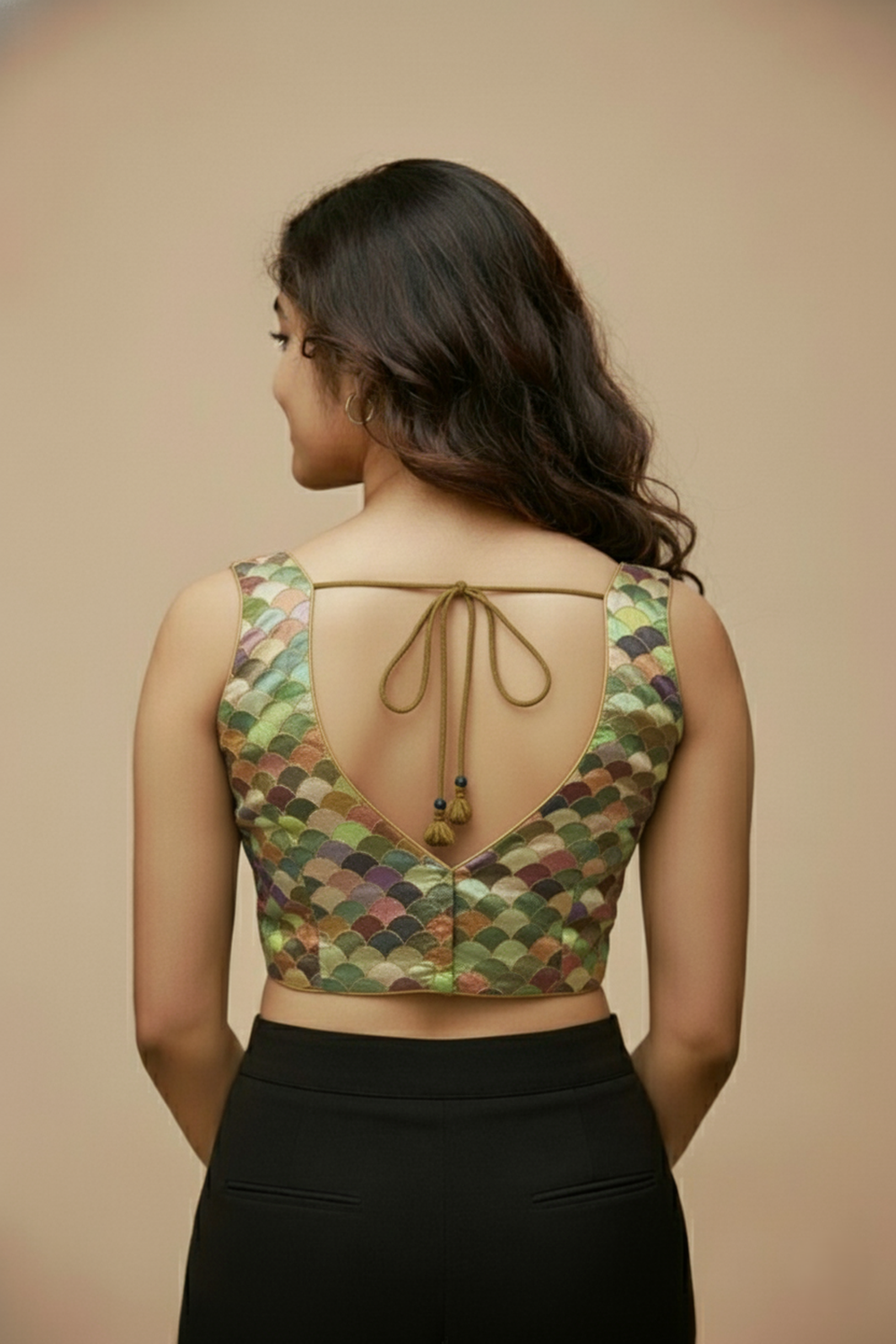 Women's Blouse Silk Blend Multicolour Embroidered Padded Front Open Princess Cut Sleeveless Saree Blouse with Attachable Sleeves - Mehandi - 4030