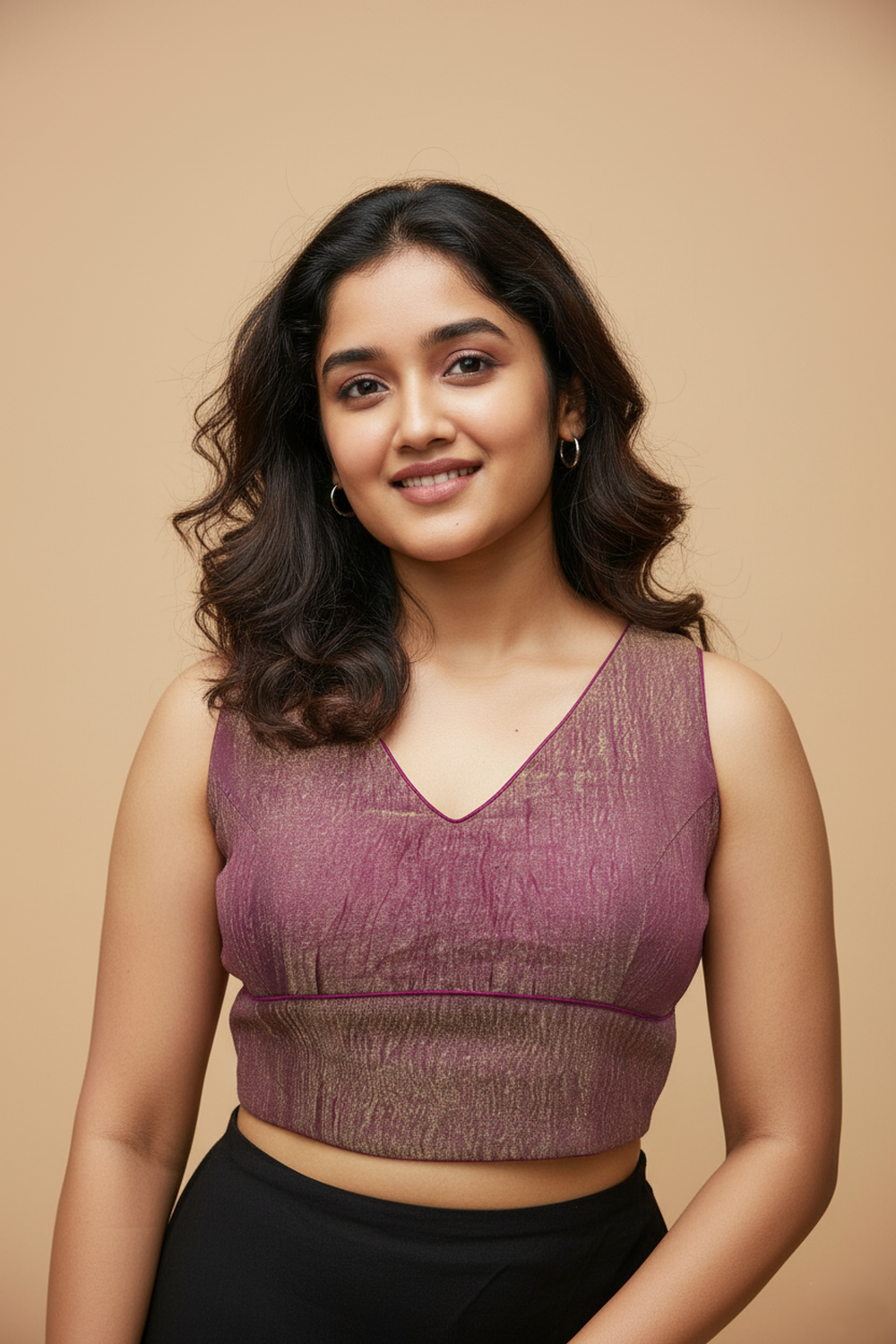 Women's Blouse Silk Blend Organza Padded Back Open V Neck Princess Cut Sleeveless Saree Blouse with Attachable Sleeves - Magenta - 1638