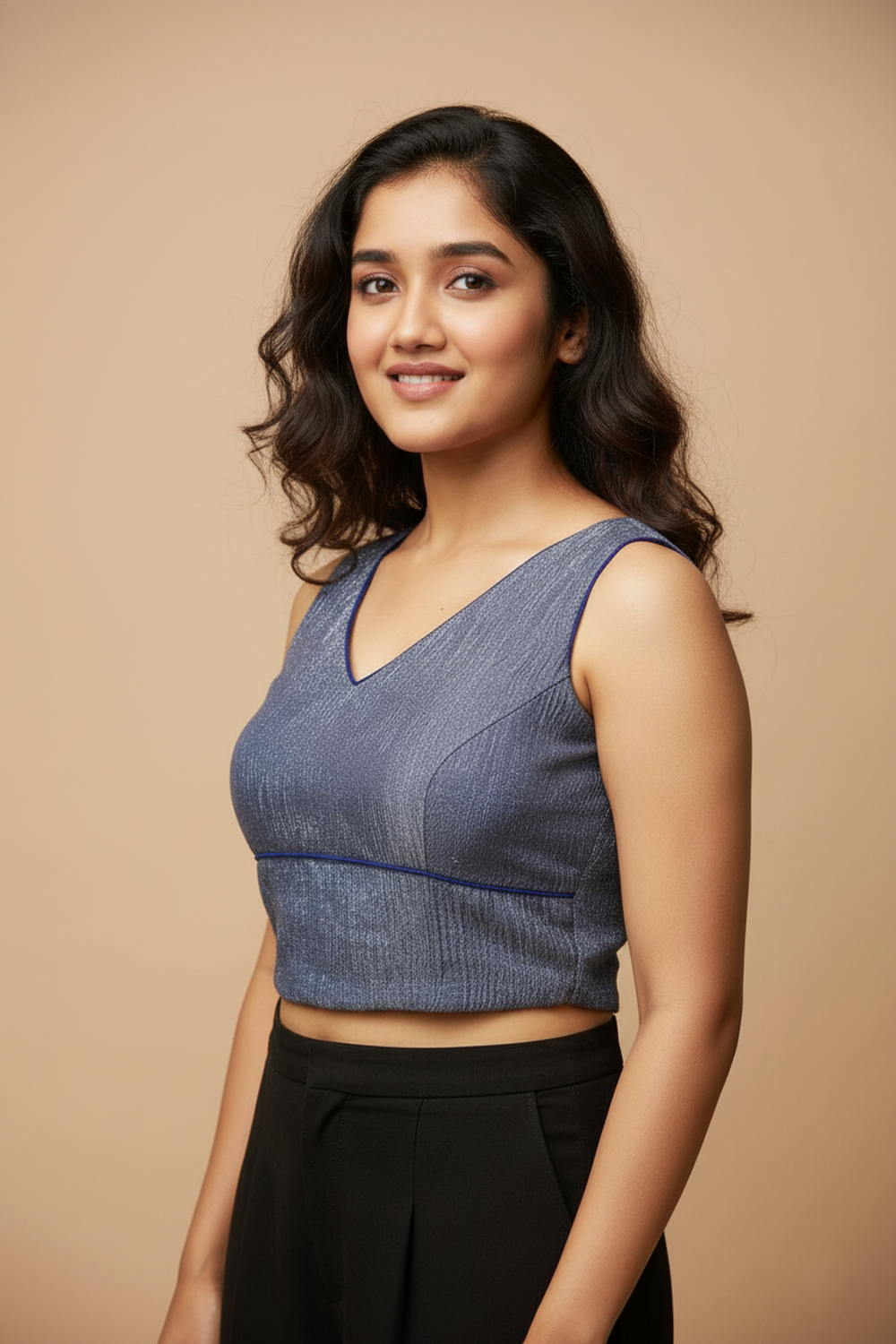 Women's Blouse Silk Blend Organza Padded Back Open V Neck Princess Cut Sleeveless Saree Blouse with Attachable Sleeves - Royal Blue - 1638