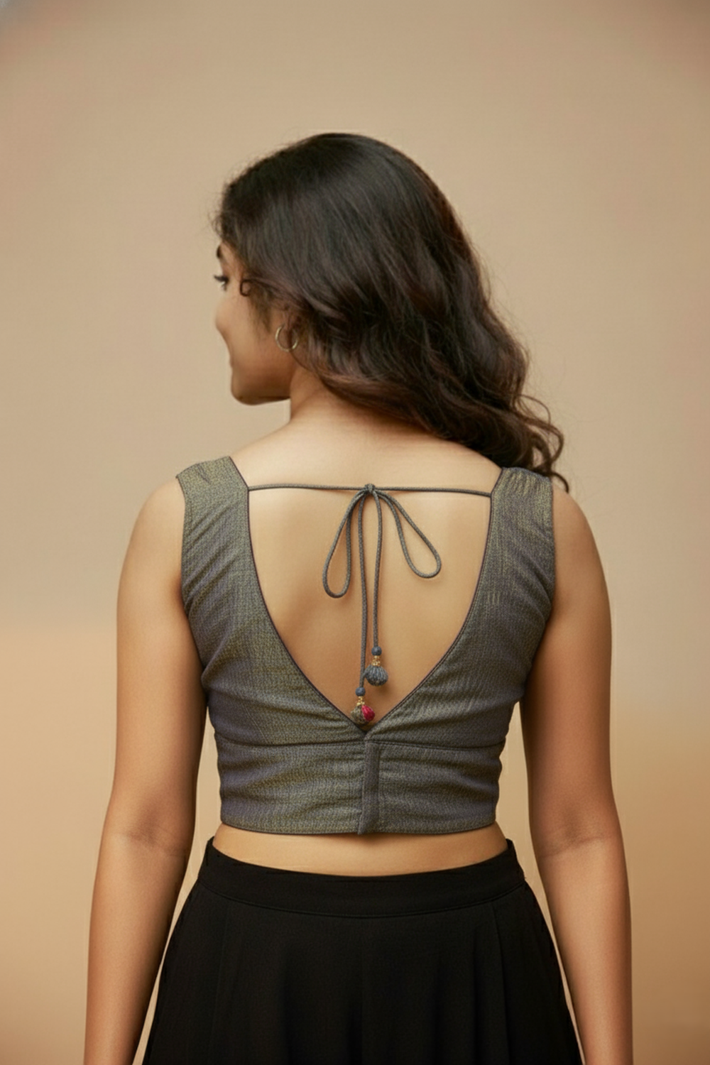 Women's Blouse Silk Blend Organza Padded Back Open V Neck Princess Cut Sleeveless Saree Blouse with Attachable Sleeves - Navy Blue - 1638