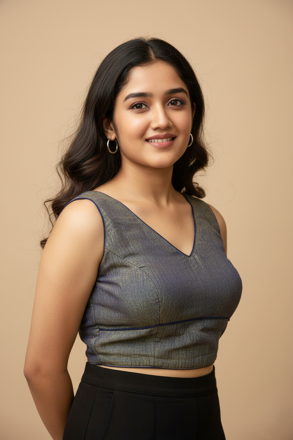 Women's Blouse Silk Blend Organza Padded Back Open V Neck Princess Cut Sleeveless Saree Blouse with Attachable Sleeves - Navy Blue - 1638