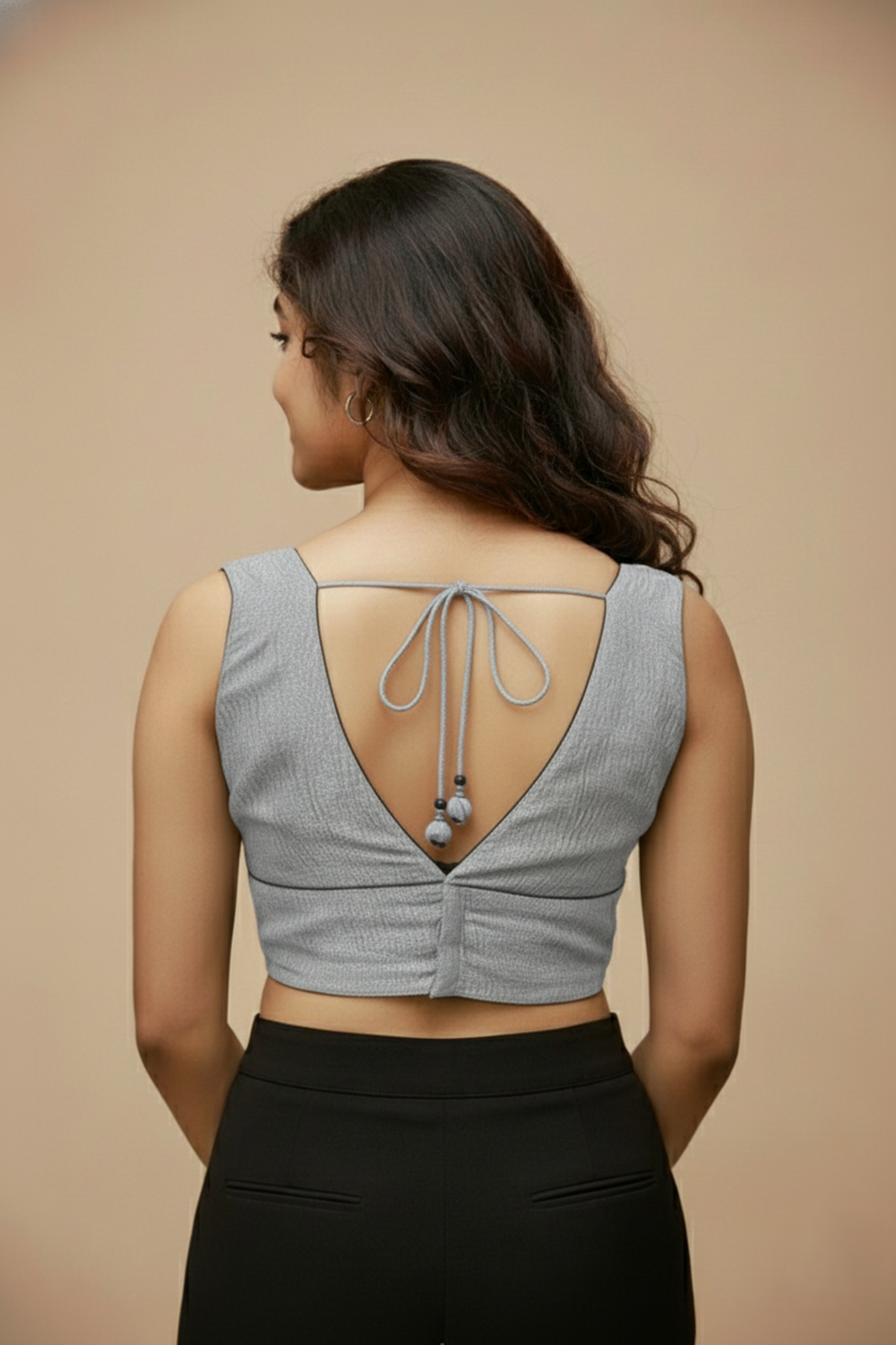 Women's Blouse Silk Blend Organza Padded Back Open V Neck Princess Cut Sleeveless Saree Blouse with Attachable Sleeves - Silver - 1638