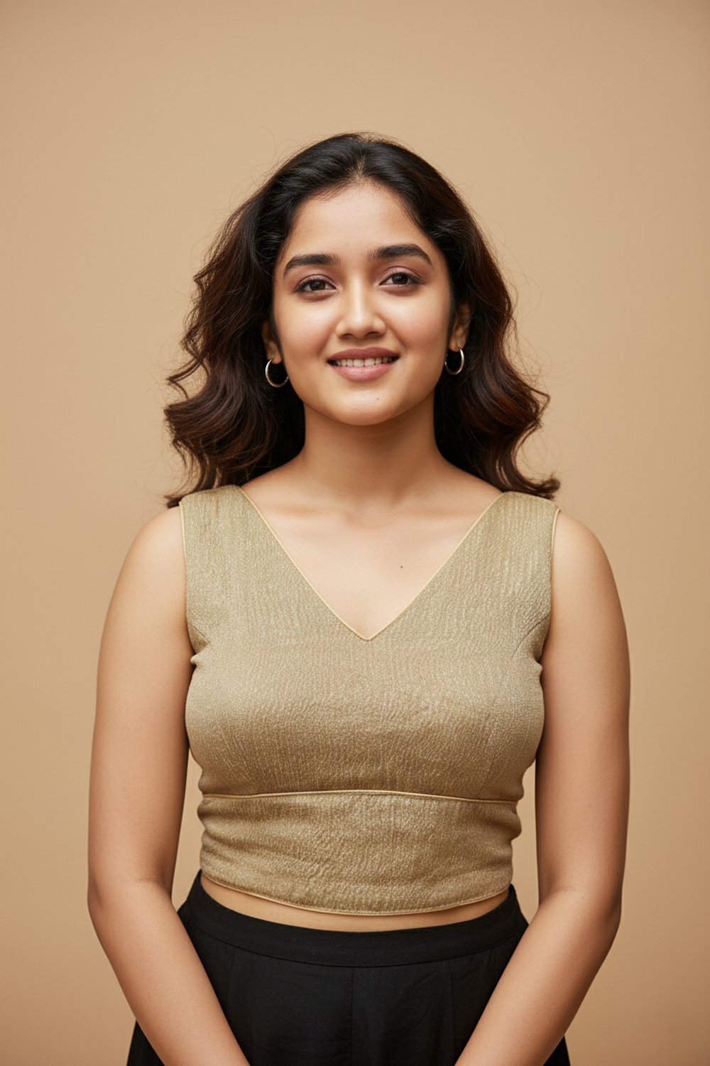 Women's Blouse Silk Blend Organza Padded Back Open V Neck Princess Cut Sleeveless Saree Blouse with Attachable Sleeves - Gold - 1638