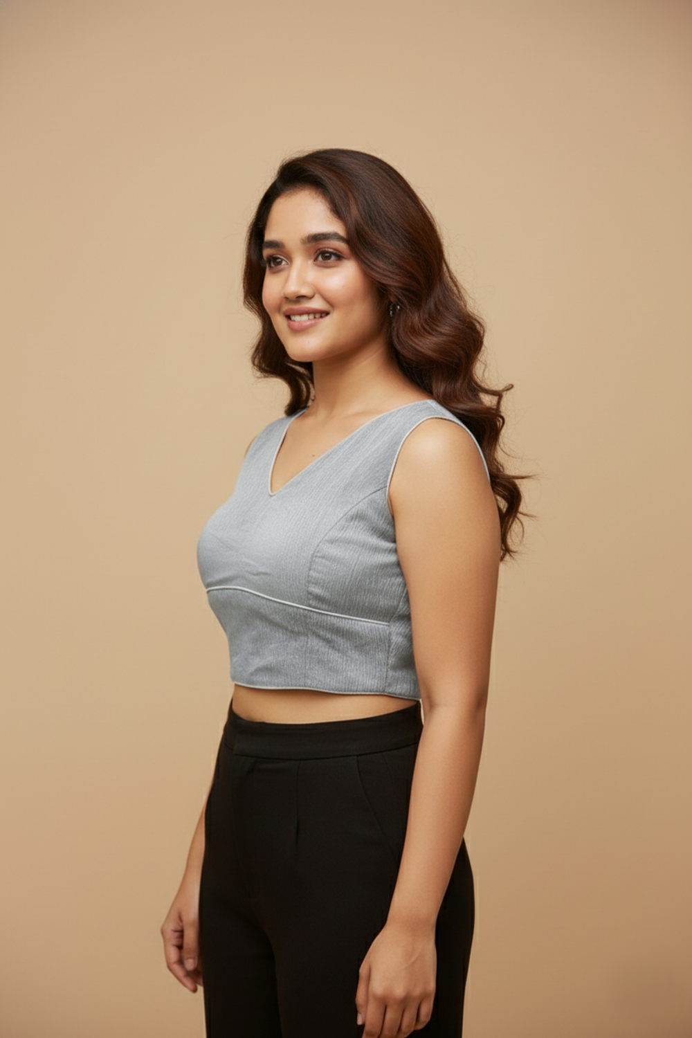 Women's Blouse Silk Blend Organza Padded Back Open V Neck Princess Cut Sleeveless Saree Blouse with Attachable Sleeves - Silver - 1638