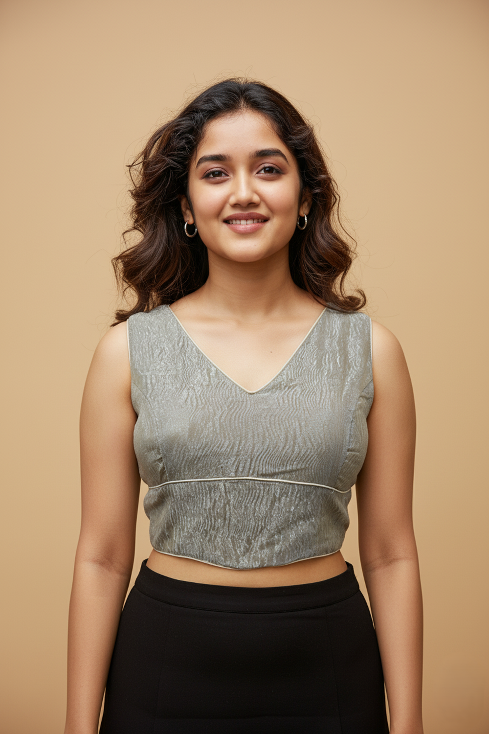 Women's Blouse Silk Blend Organza Padded Back Open V Neck Princess Cut Sleeveless Saree Blouse with Attachable Sleeves - Beige - 1638