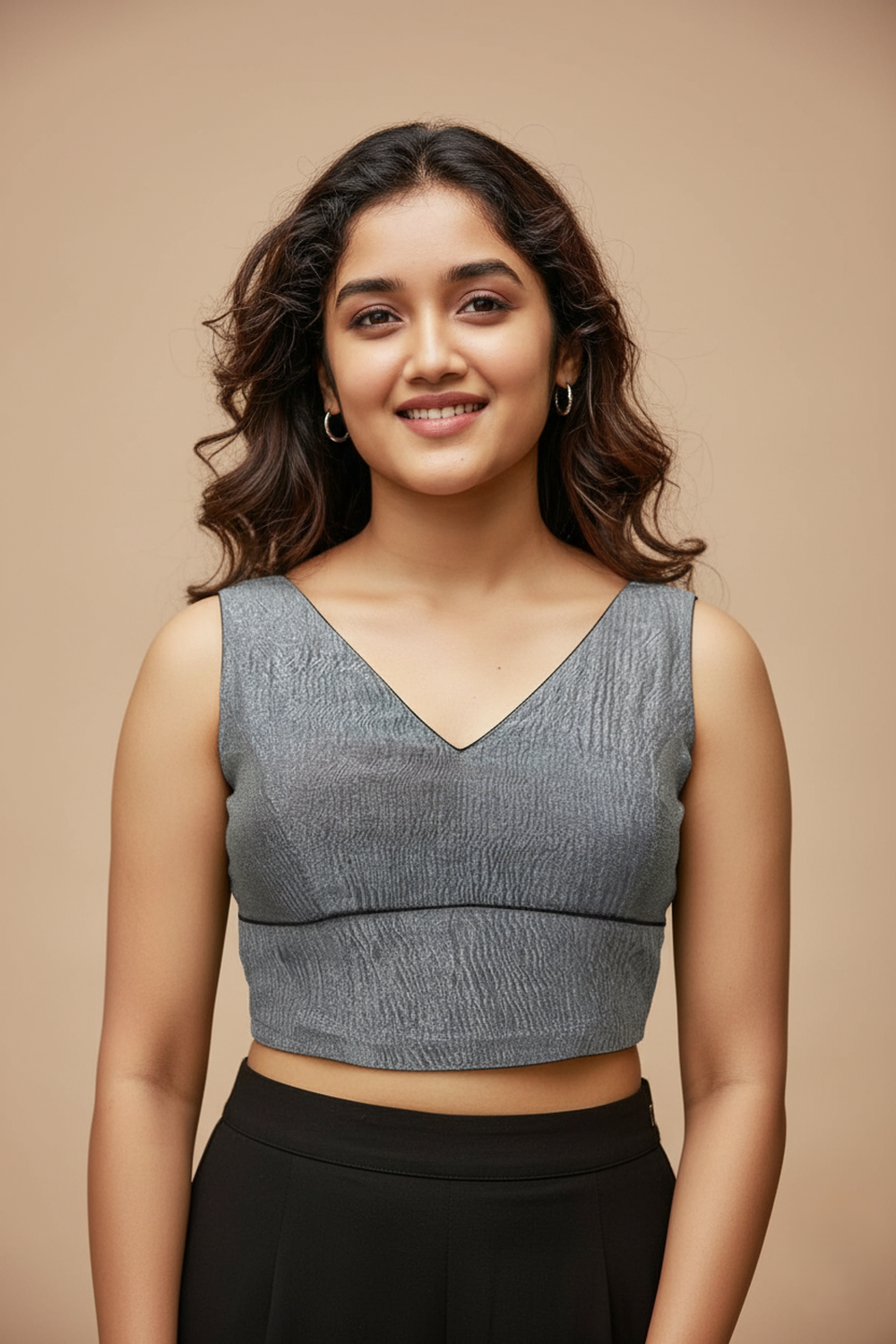 Women's Blouse Silk Blend Organza Padded Back Open V Neck Princess Cut Sleeveless Saree Blouse with Attachable Sleeves - Black - 1638