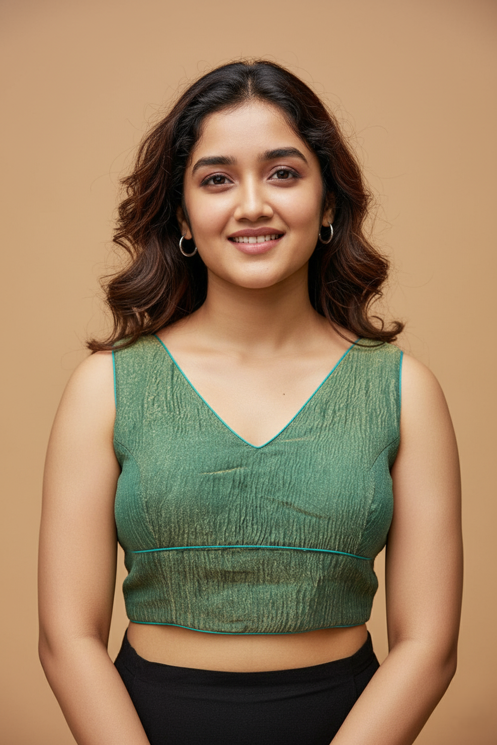 Women's Blouse Silk Blend Organza Padded Back Open V Neck Princess Cut Sleeveless Saree Blouse with Attachable Sleeves - Green - 1638