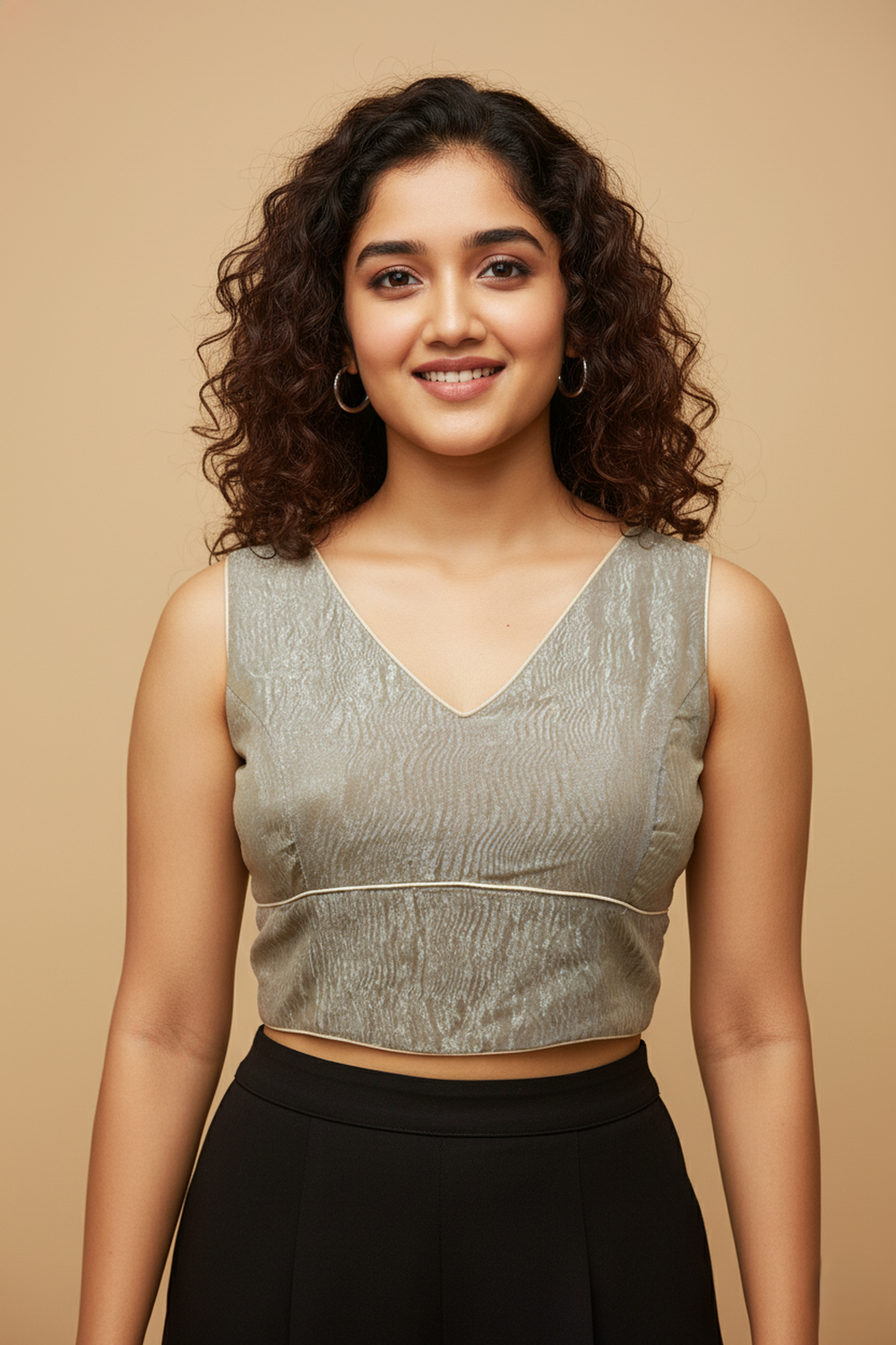 Women's Blouse Silk Blend Organza Padded Back Open V Neck Princess Cut Sleeveless Saree Blouse with Attachable Sleeves - Cream - 1638