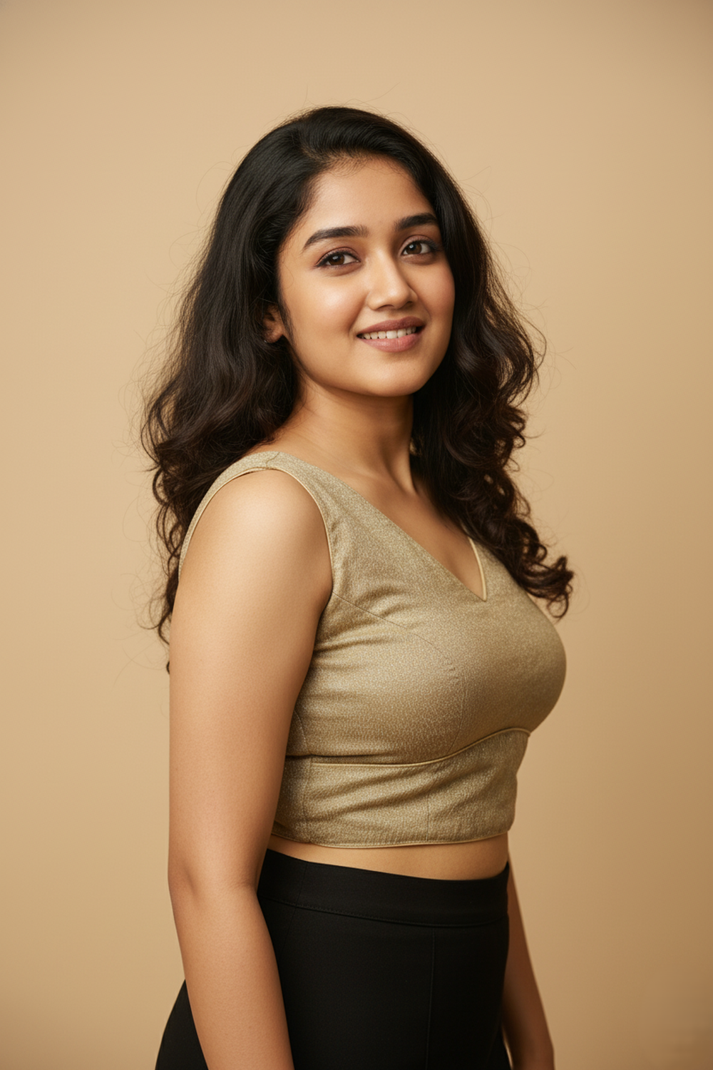 Women's Blouse Silk Blend Organza Padded Back Open V Neck Princess Cut Sleeveless Saree Blouse with Attachable Sleeves - Gold - 1638