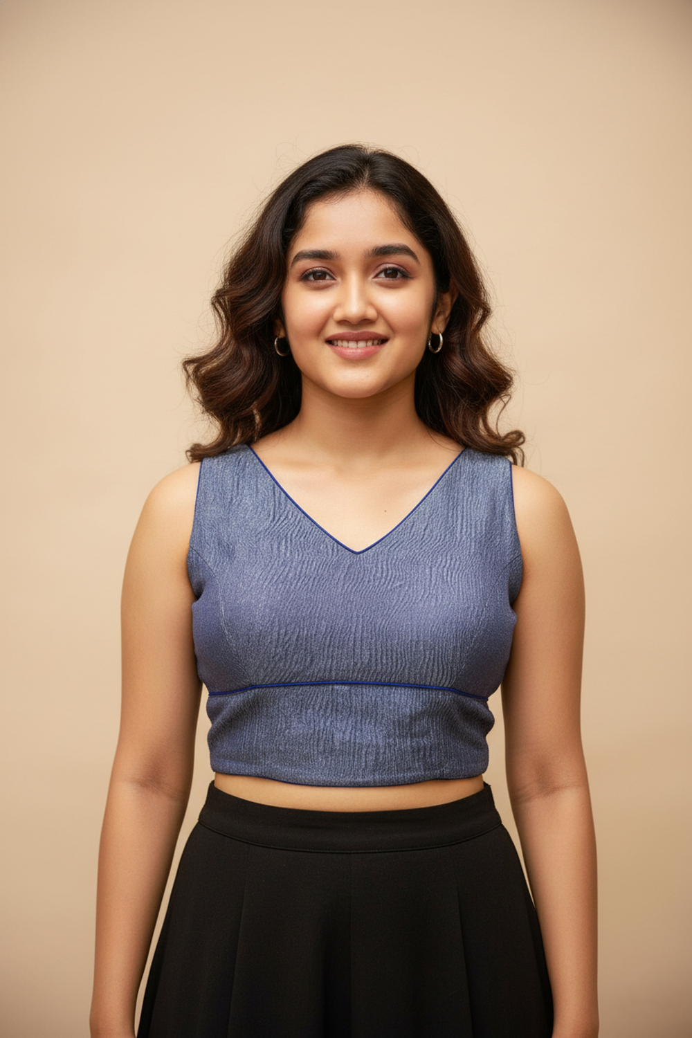 Women's Blouse Silk Blend Organza Padded Back Open V Neck Princess Cut Sleeveless Saree Blouse with Attachable Sleeves - Royal Blue - 1638