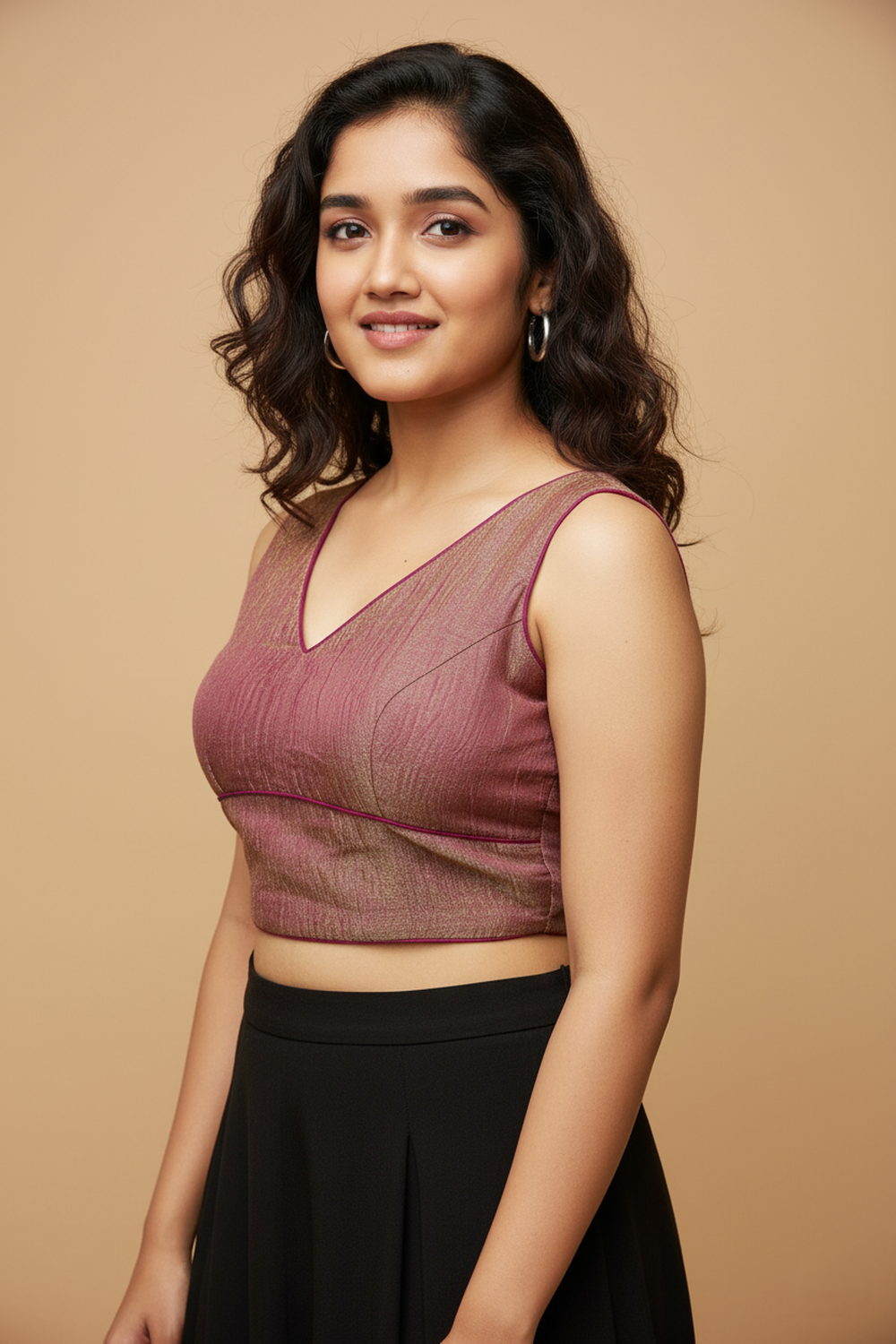 Women's Blouse Silk Blend Organza Padded Back Open V Neck Princess Cut Sleeveless Saree Blouse with Attachable Sleeves - Magenta - 1638