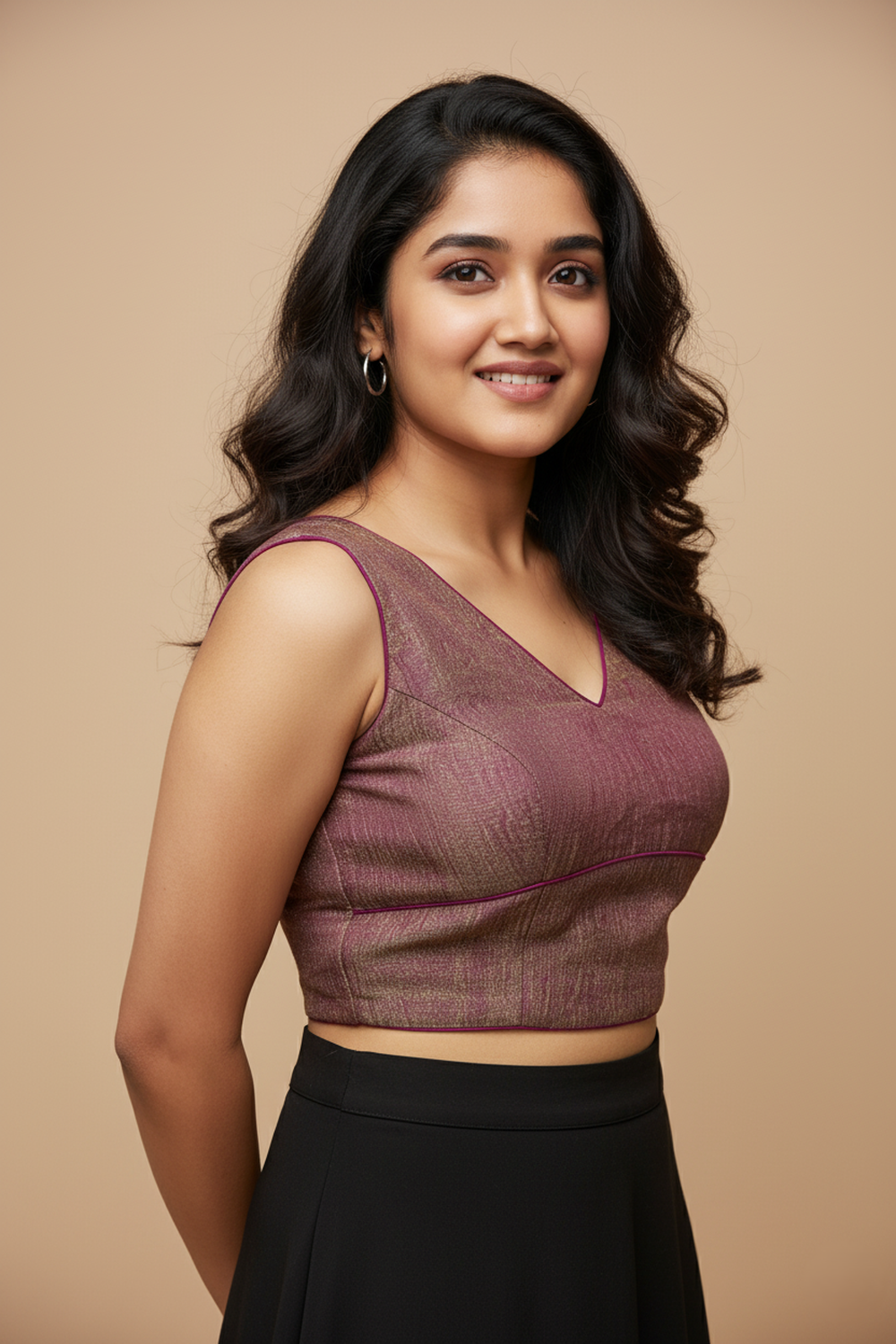 Women's Blouse Silk Blend Organza Padded Back Open V Neck Princess Cut Sleeveless Saree Blouse with Attachable Sleeves - Magenta - 1638