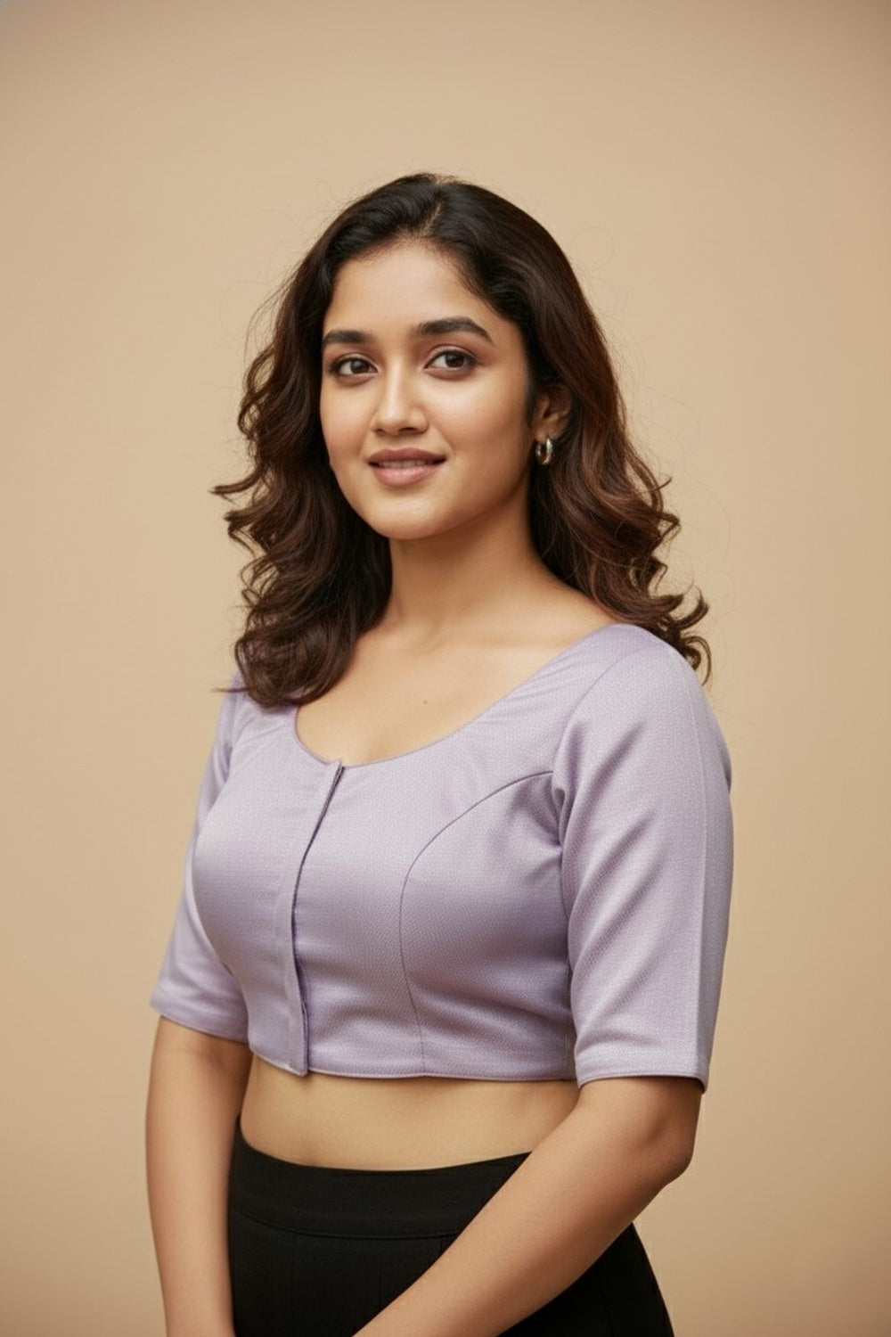 Women's Blouse Silk Blend Padded Front Open Round Neck Princess Cut Elbow Sleeve Shimmer Saree Blouse - Lavender - 1633