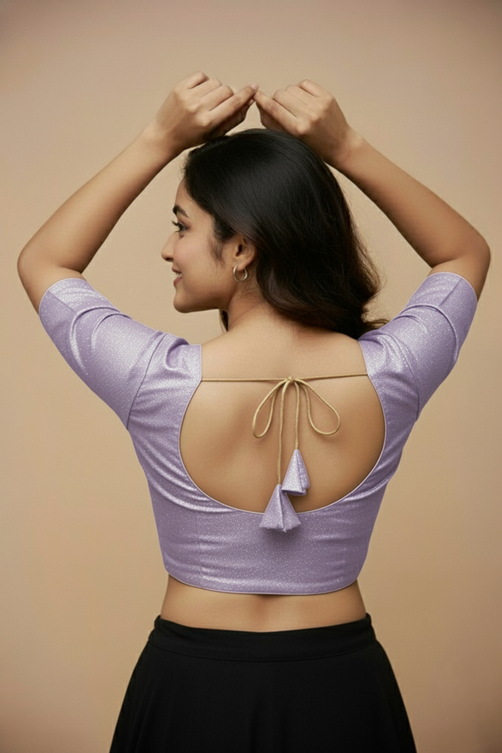 Women's Blouse Silk Blend Padded Front Open Round Neck Princess Cut Elbow Sleeve Shimmer Saree Blouse - Lavender - 1633