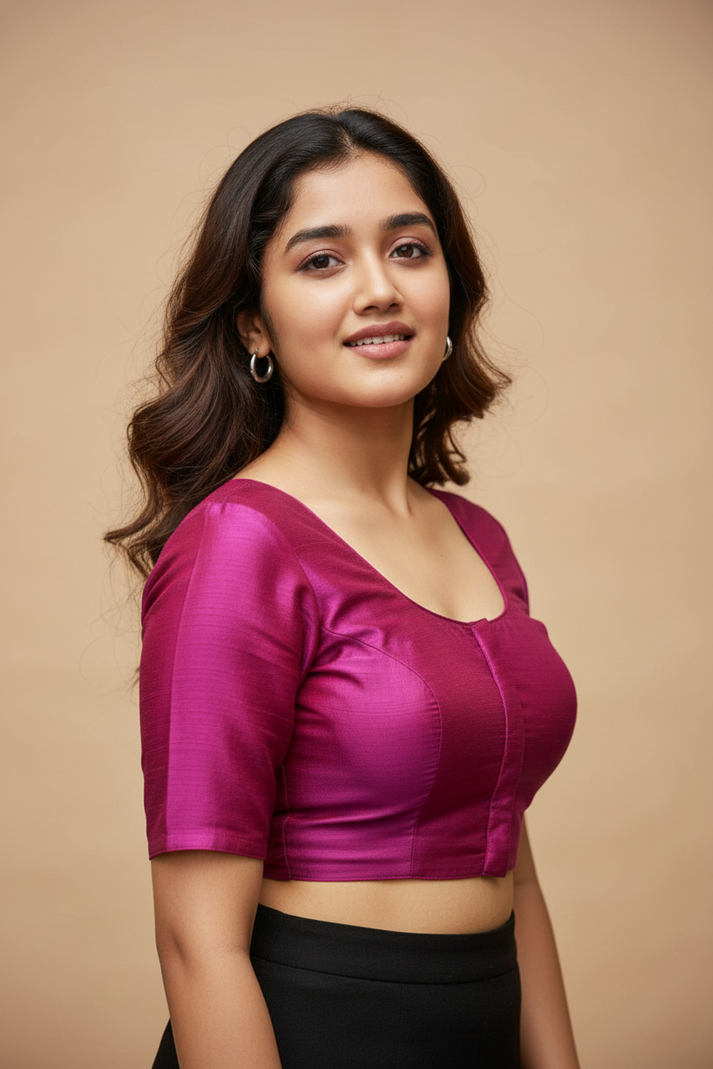 Women's Blouse Silk Blend Padded Front Open Round Neck Princess Cut Elbow Sleeve Solid Saree Blouse with Round Back - Rani - 4050