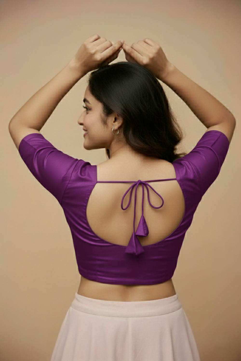 Women's Blouse Silk Blend Padded Front Open Round Neck Princess Cut Elbow Sleeve Solid Saree Blouse with Round Back - Dark Magenta - 4050