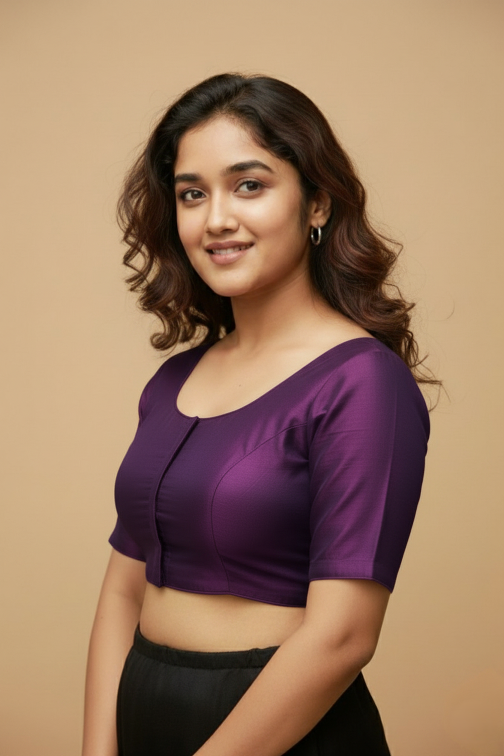 Women's Blouse Silk Blend Padded Front Open Round Neck Princess Cut Elbow Sleeve Solid Saree Blouse with Round Back - Dark Magenta - 4050