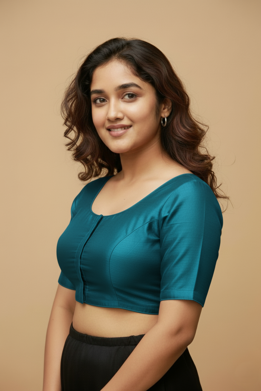 Women's Blouse Silk Blend Padded Front Open Round Neck Princess Cut Elbow Sleeve Solid Saree Blouse with Round Back - Rama Blue - 4050