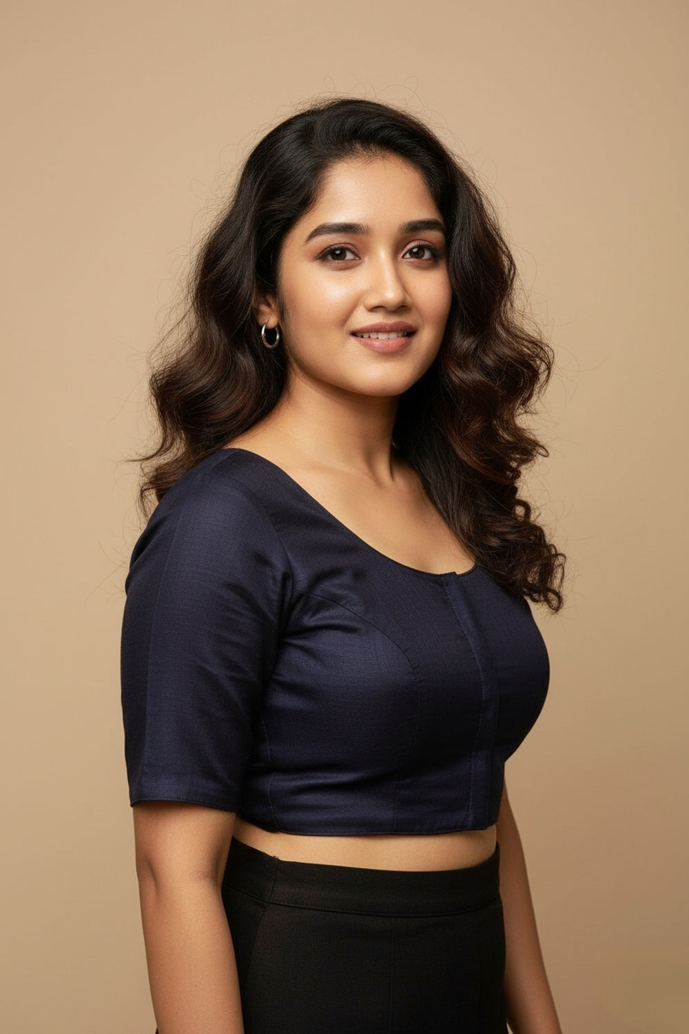 Women's Blouse Silk Blend Padded Front Open Round Neck Princess Cut Elbow Sleeve Solid Saree Blouse with Round Back - Navy Blue - 4050