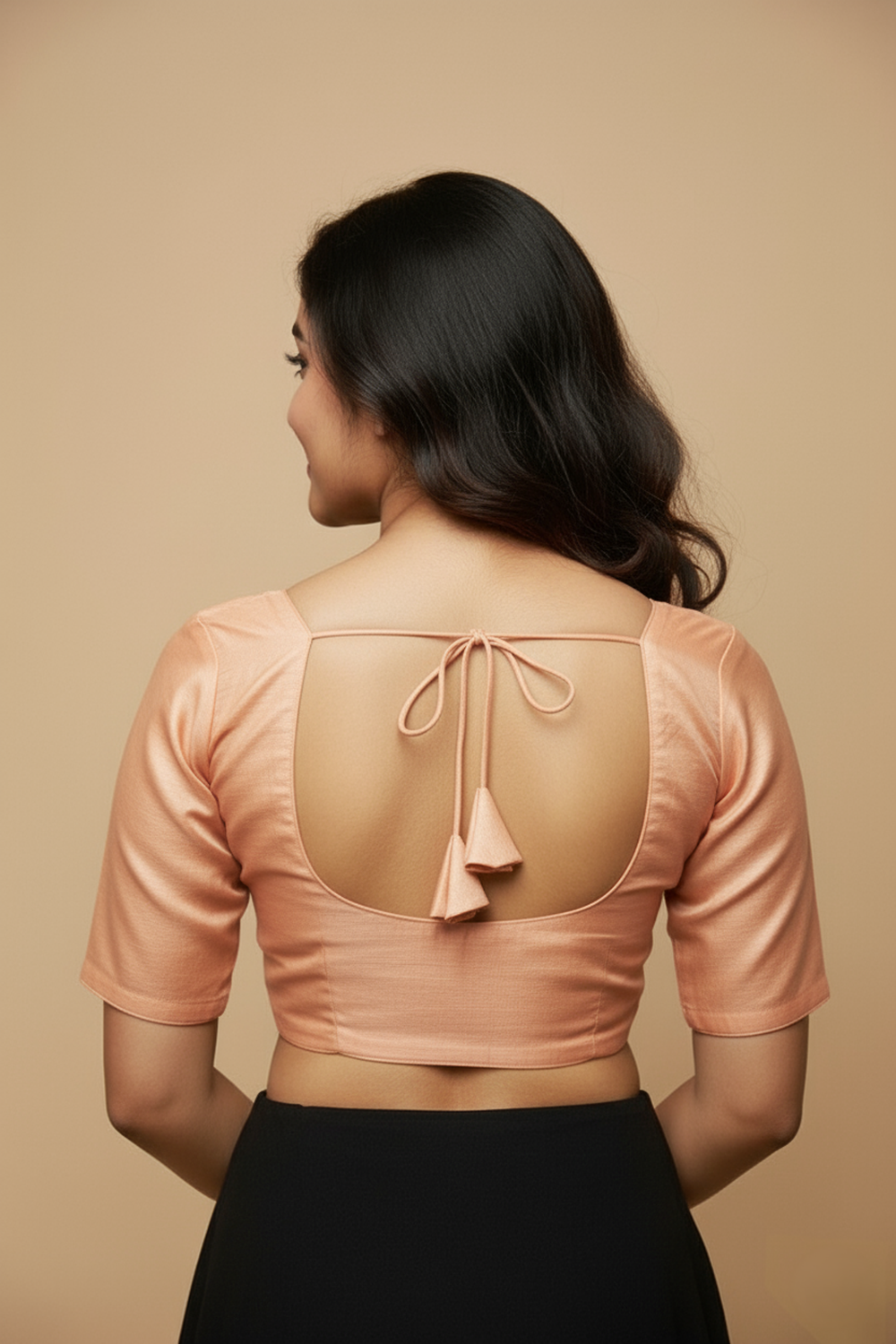Women's Blouse Silk Blend Padded Front Open Round Neck Princess Cut Elbow Sleeve Shimmer Saree Blouse - Peach - 1633