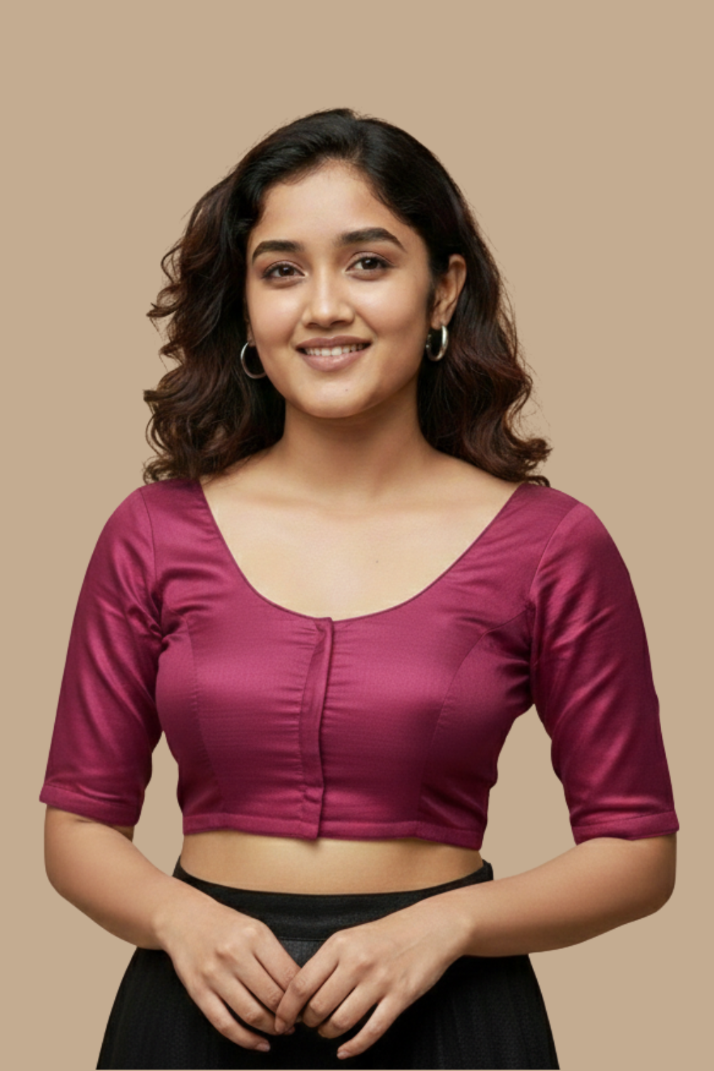 Women's Blouse Silk Blend Padded Front Open Round Neck Princess Cut Elbow Sleeve Solid Saree Blouse with Round Back - Fuschia - 4050